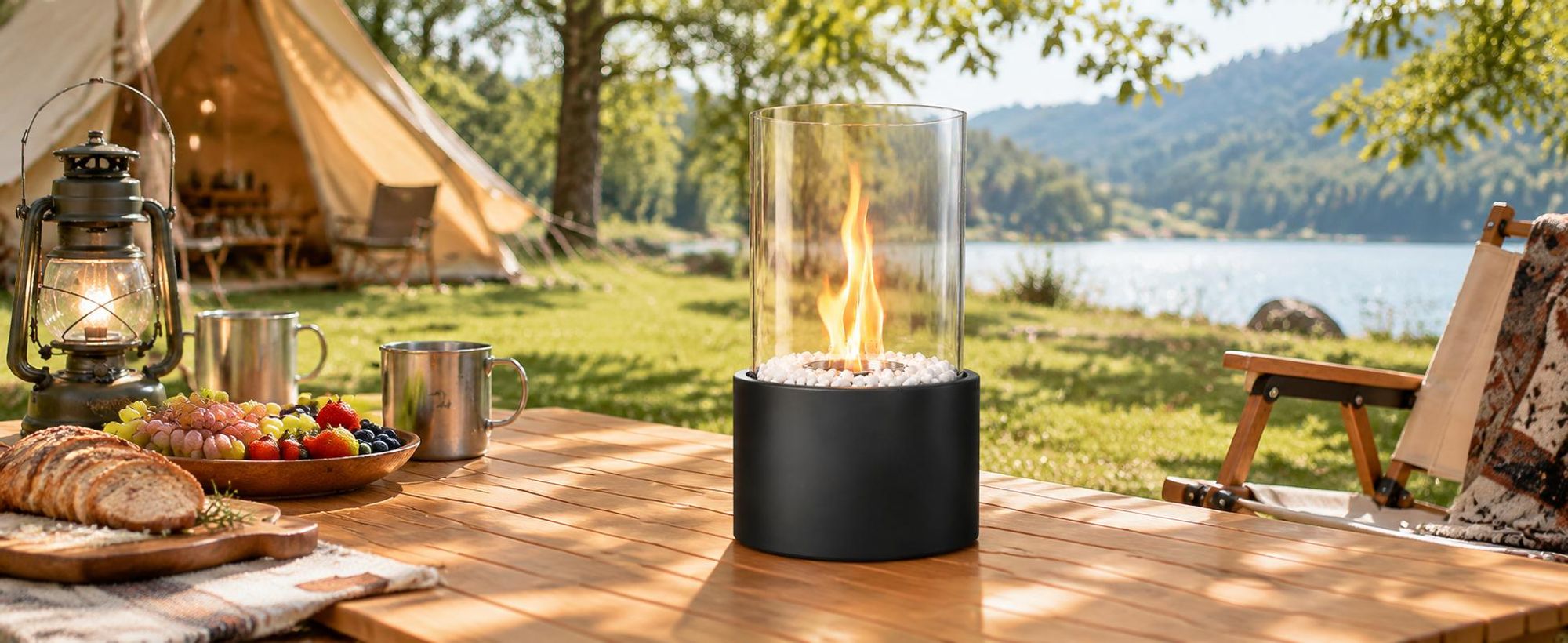 ZMH Tischfeuer Bioethanol 16×26.9CM Tischkamin mit dekorativen Steinen Edelstahl Rund Innen drausen Glaskamin Feuerstelle für Wohnzimmer party Schwarz
