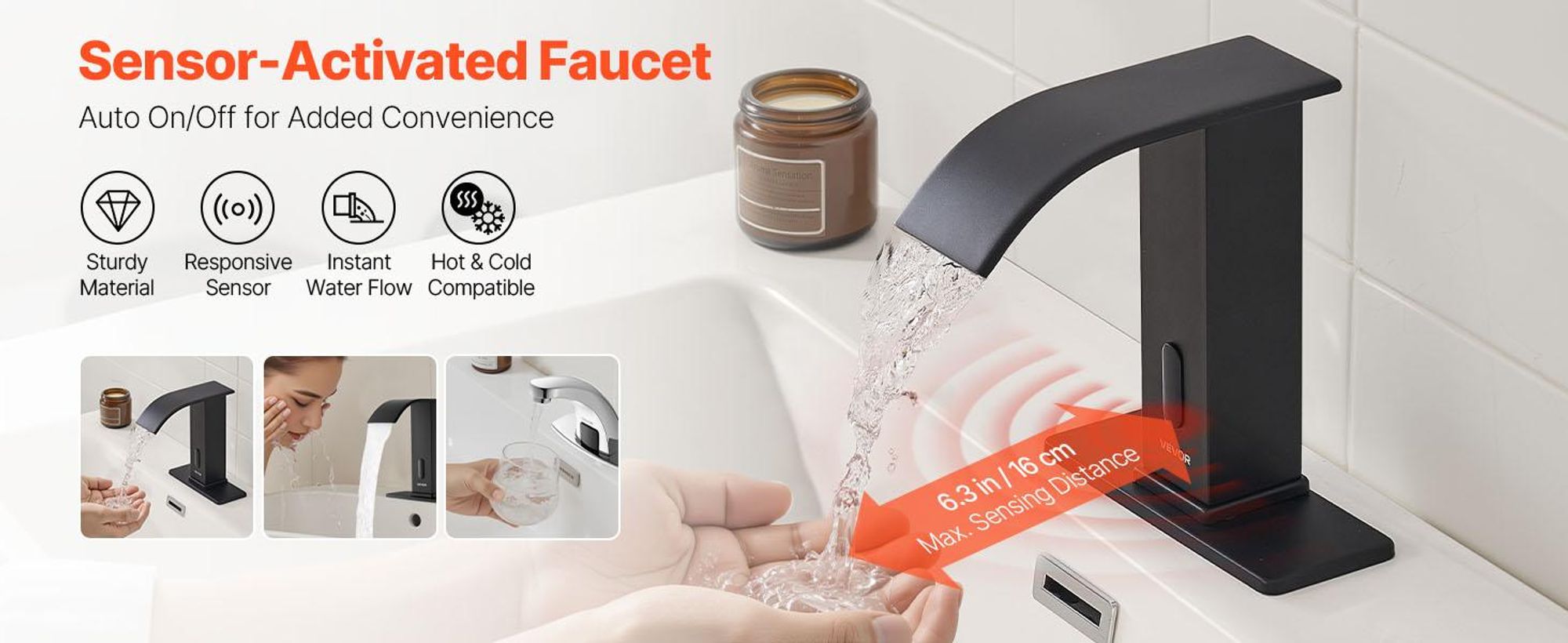 VEVOR Berührungslose Badezimmer-Wasserhahn, Automatischer Bewegungssensor-WC-Wasserhahn mit Lochabdeckplatte, Batteriebetrieben, Einstellbare Temperatur für 9,5 mm Rohr Gewerblicher Waschbecken, Matt Schwarz, Doppelsteuerung-d, Wasserfall