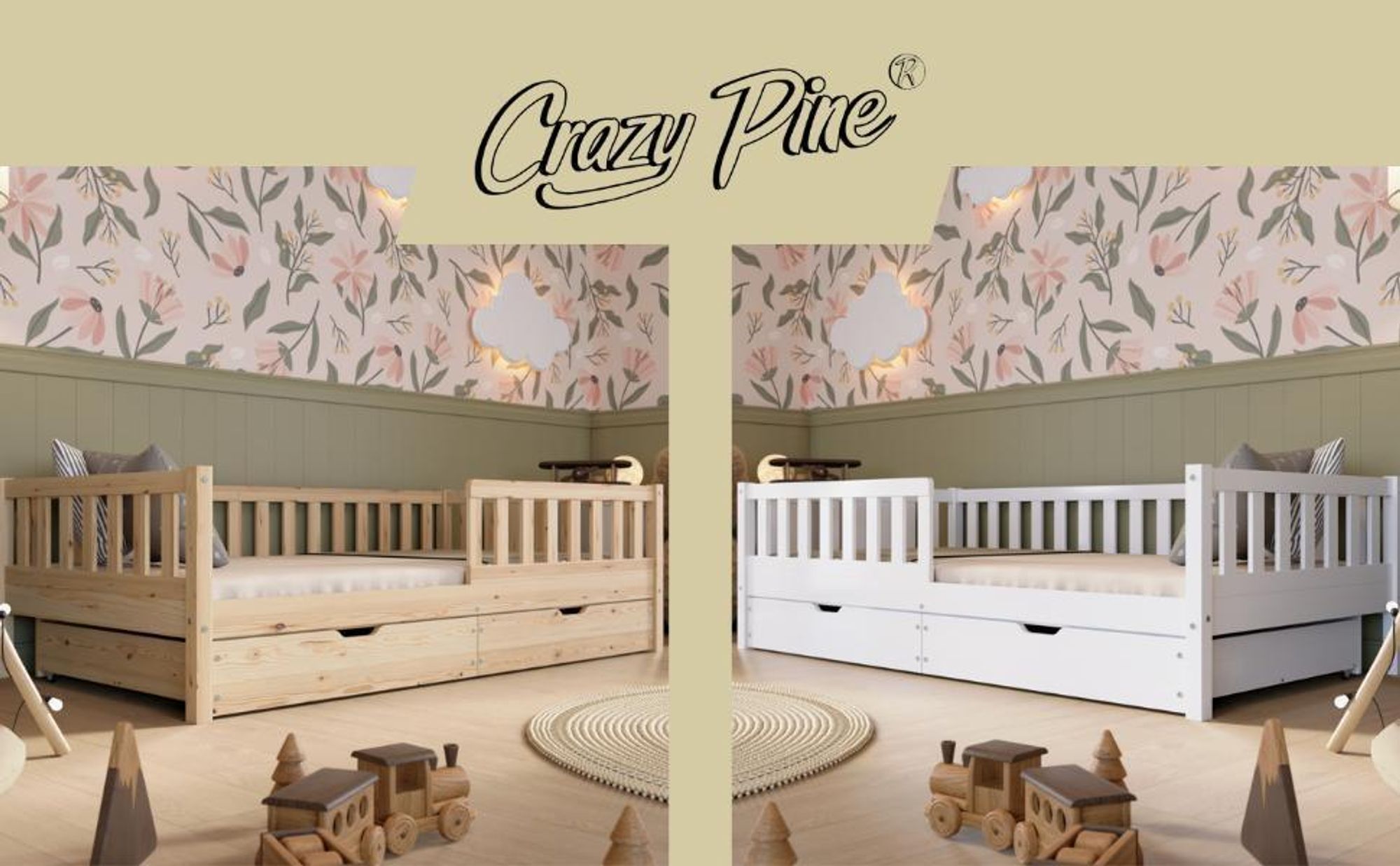 Crazy Pine Lit d'enfant avec tiroir 190x90cm - Lit de sol Montessori massif en bois avec protection contre les chutes - Crazy Basic