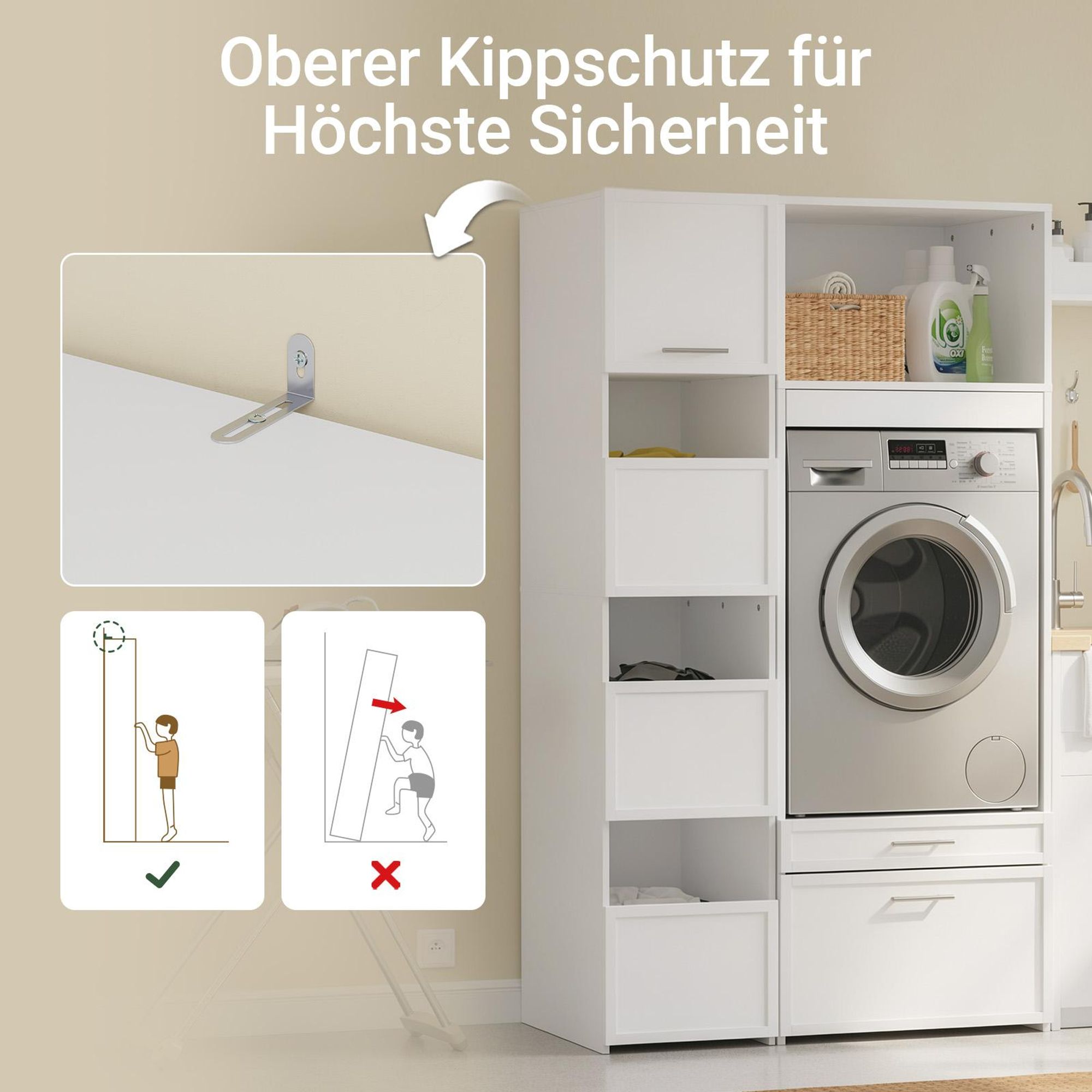 SoBuy Hochschrank mit Türen und Schubladen, Weiß, Moderner Wäscheschrank Hoher schmaler Schrank mit einem oberen BZR232-W