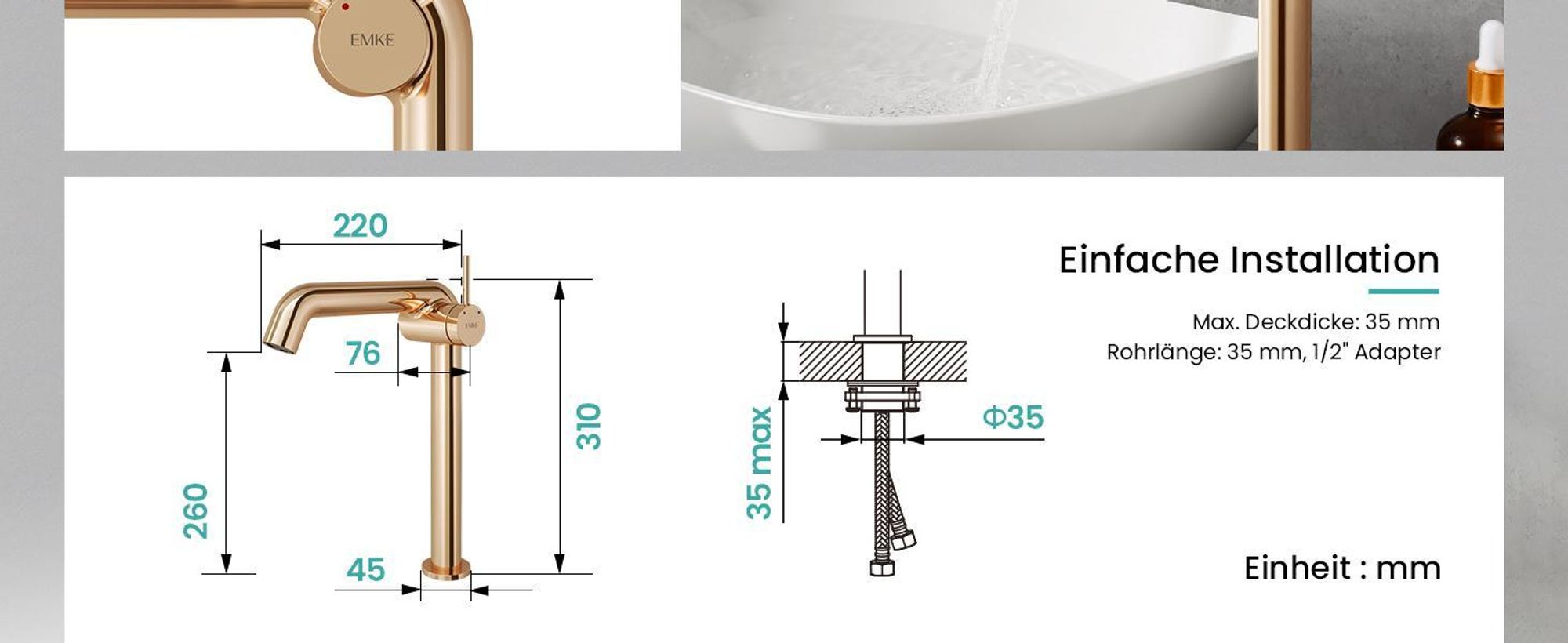 EMKE Einhebel-Waschtischarmatur, Badarmaturen 332x220x76mm, Wassersparend, Korrosionsschutz, Bleifreies Messing, Rosegold