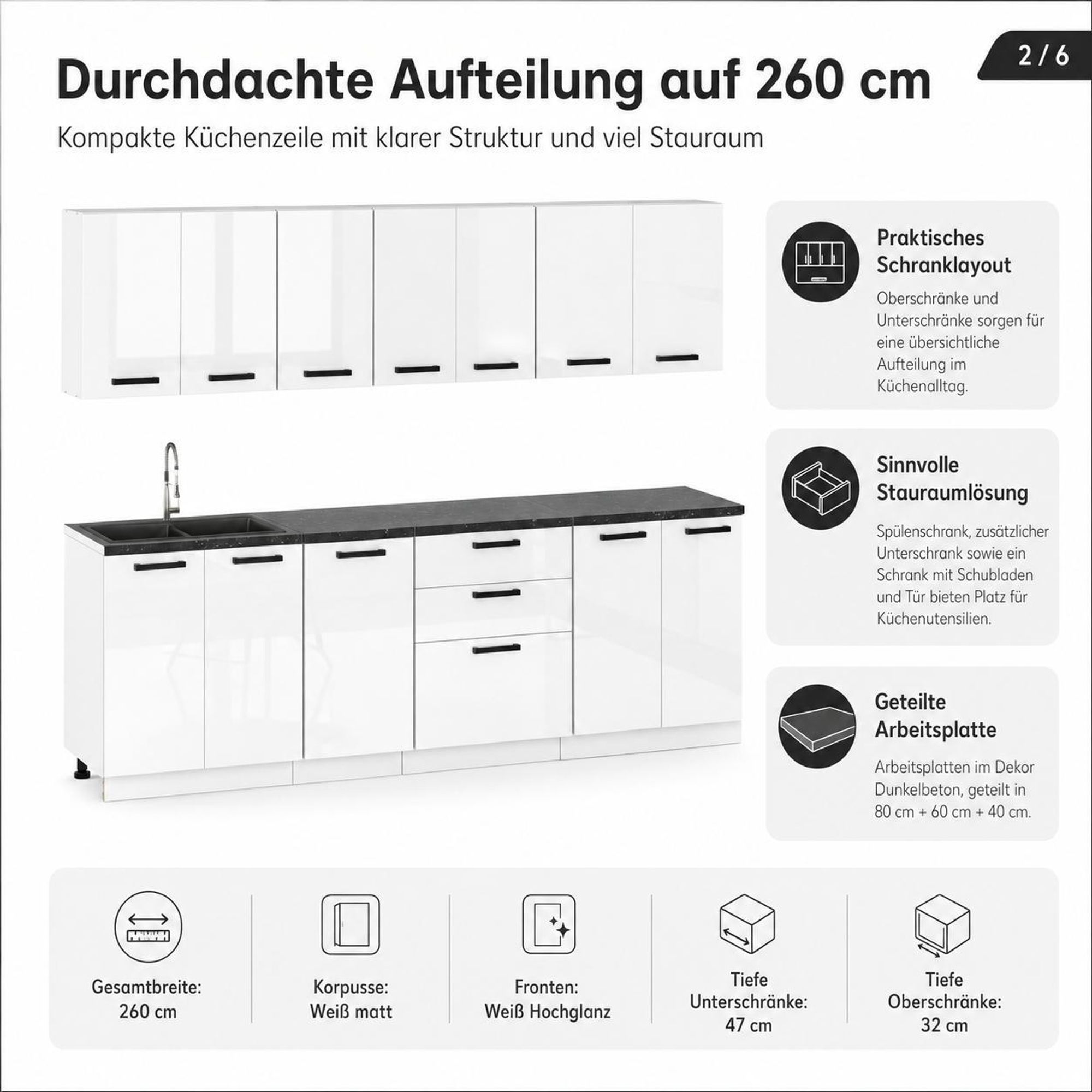 Küchenzeile 260 cm in Weiß Hochglanz mit viel Stauraum und drei Arbeitsplatten.