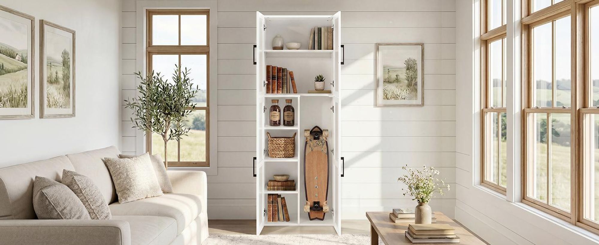 Yaheetech 175,5 cm H Mehrzweckschrank 37,5 cm tiefer Besenschrank für Staubsauger, Vorratsschrank Aufbewahrungsschrank mit 4 Türen, Weiß