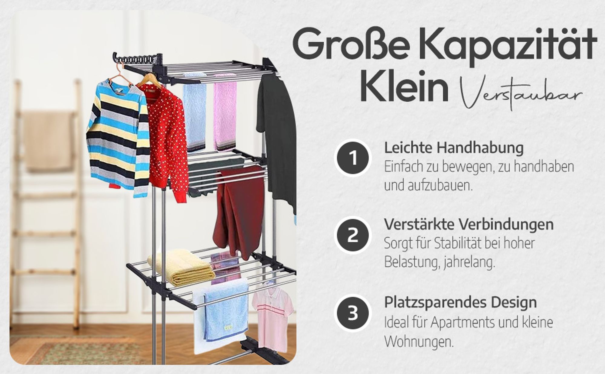 Meisterhome® Klappbarer Wäscheständer Wäscheturm Effizientes Trocknen mit 3 Ebenen, 2 Seitenflügeln - Trockenleinenlänge - Platzsparend, vielseitig und mobil für drinnen und draußen – Schwarz, Länge:25m