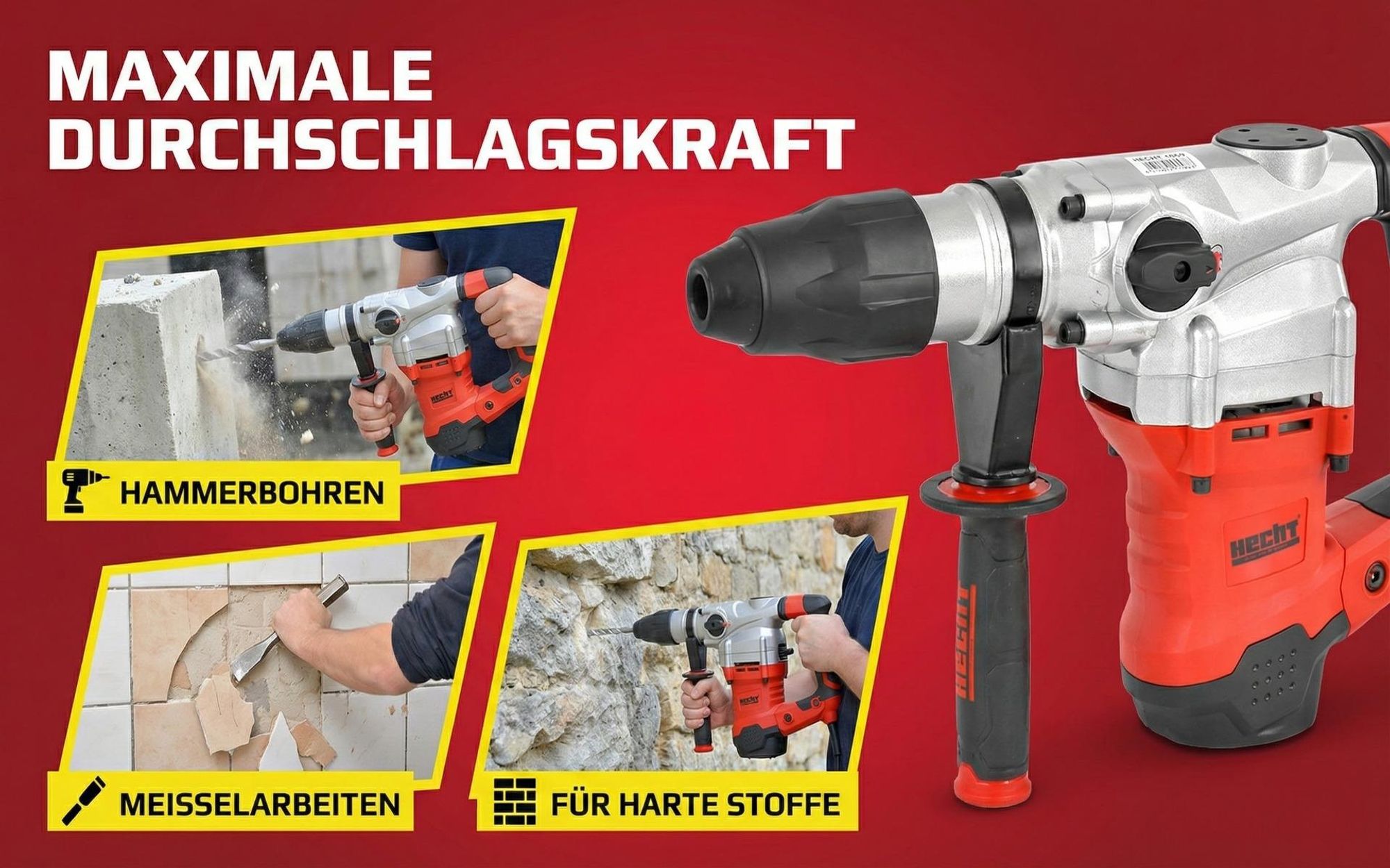 HECHT 1069 Bohrhammer SDS-Max | 1600 W | mit Koffer | inklusive viel Zubehör
