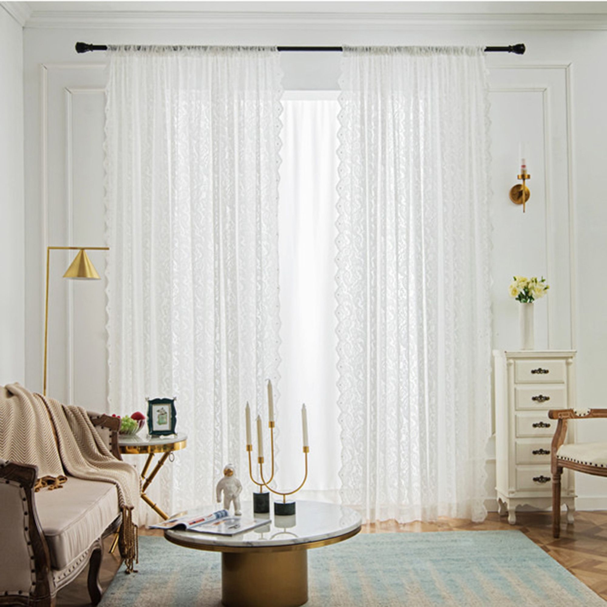 2er Set Gardine Türvorhang mit Perlen Stangendurchzug, Gardine Spitze Halbtransparent Blumenmuster Store Restaurant Wohnzimmer Schlafzimmer 140x250cm