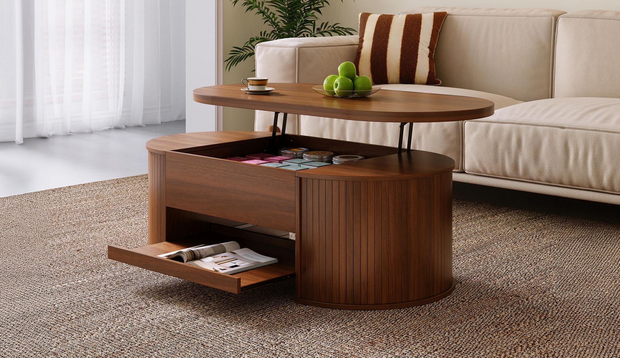 okwish Couchtisch mit anhebbarer Tischplatte, ausziehbarem Regal und gebogenen Holzseiten, Wohnzimmertisch, Beistelltisch, multifunktional, Walnuss