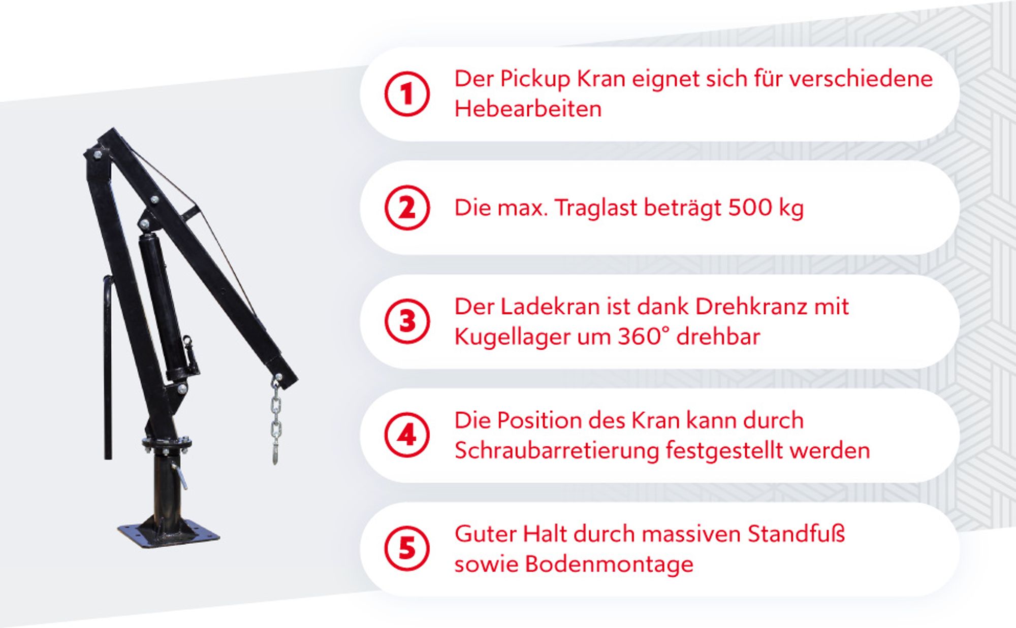 Wiltec Pickup Kran Ladekran 0-1861 mm Höhe, 500 kg Traglast und 360° Drehkranz, massiver Standfuß zur Bodenmontage, Werkstattkran