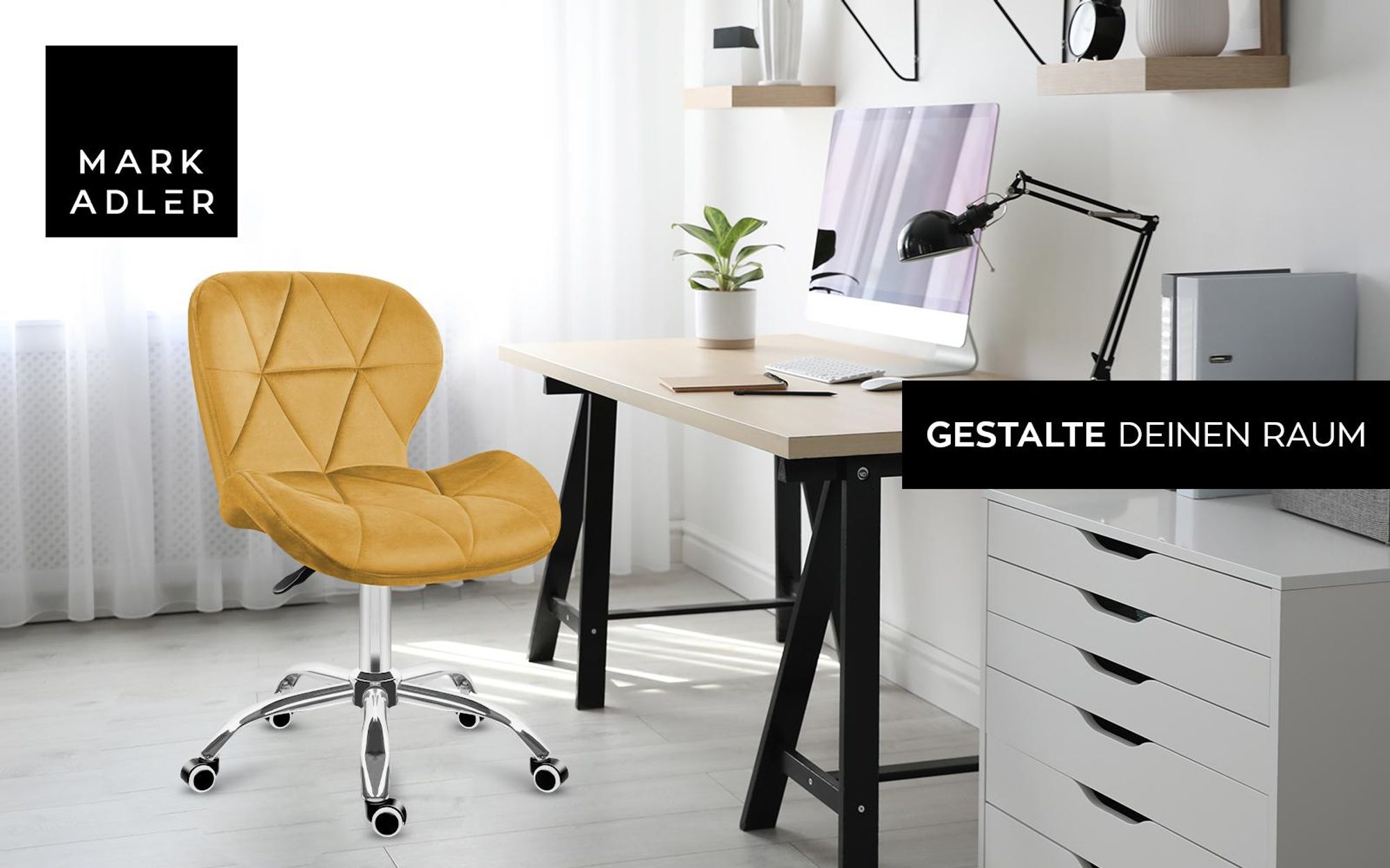 MARK ADLER Future 3.0 | Drehstuhl Bürostuhl Polsterstuhl | Höhenverstellbar bis 130 kg belastbar Samt Velours | Homeoffice Schminktisch | Senfgelb