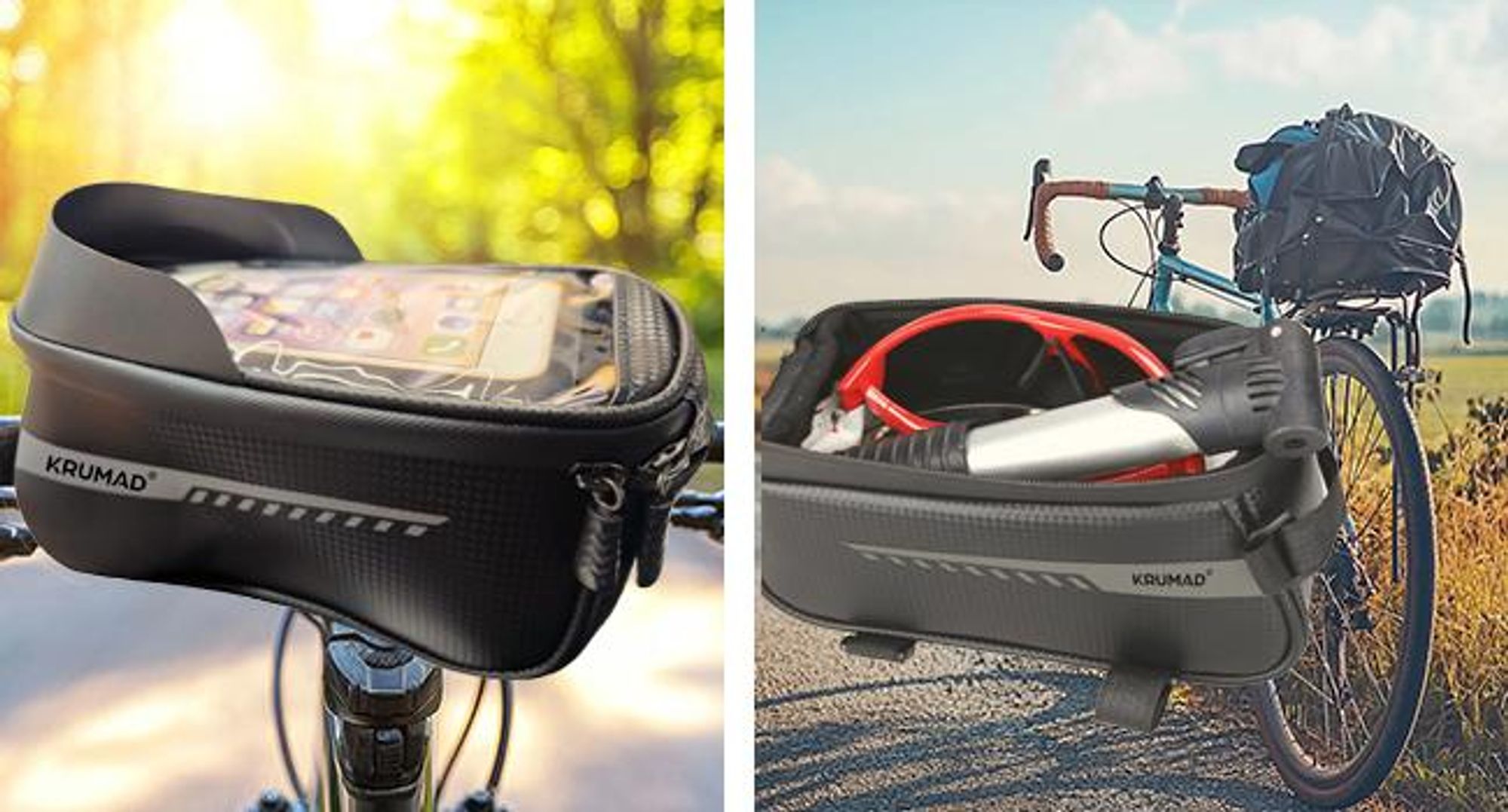 KRUMAD Fahrradtasche wasserdicht mit Handyhalterung bis 6,7", Touchscreen, Oberrohrtasche mit Kopfhöreröffnung, für MTB, Rennrad & E-Bike