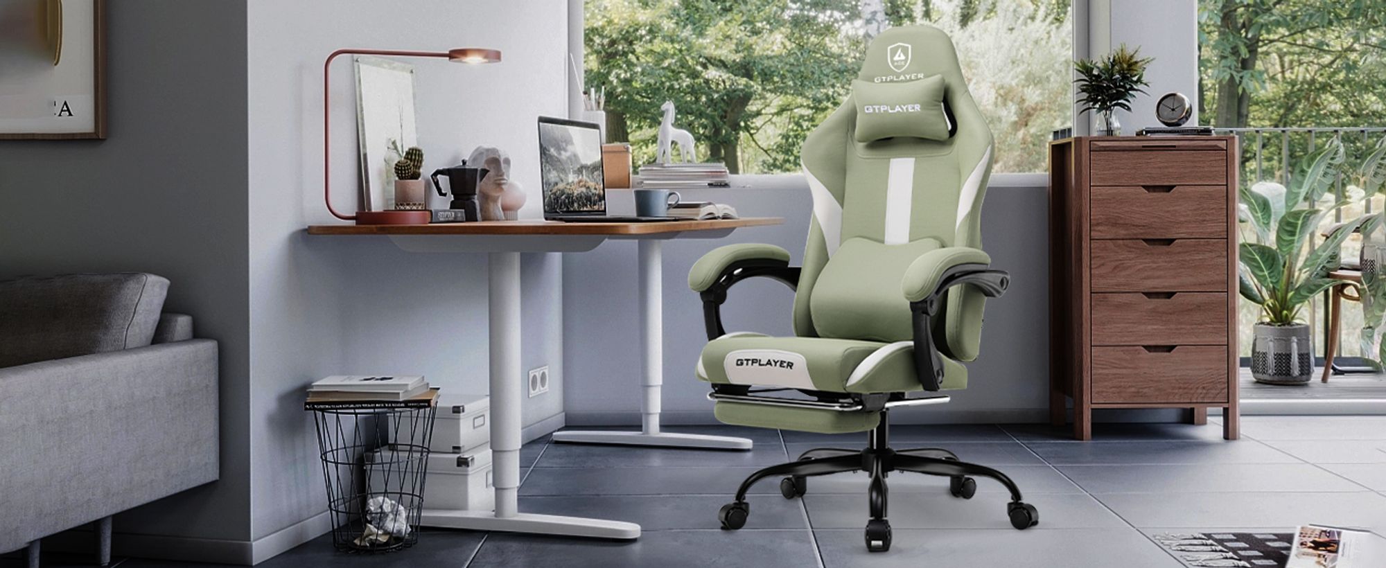 GTPLAYER Gaming Stuhl Ergonomischer Gaming Sessel Schreibtischstuhl mit Stoffoberfläche Atmungsaktiver Bürostuhl Federsitzkissen mit Fußstütze Grün