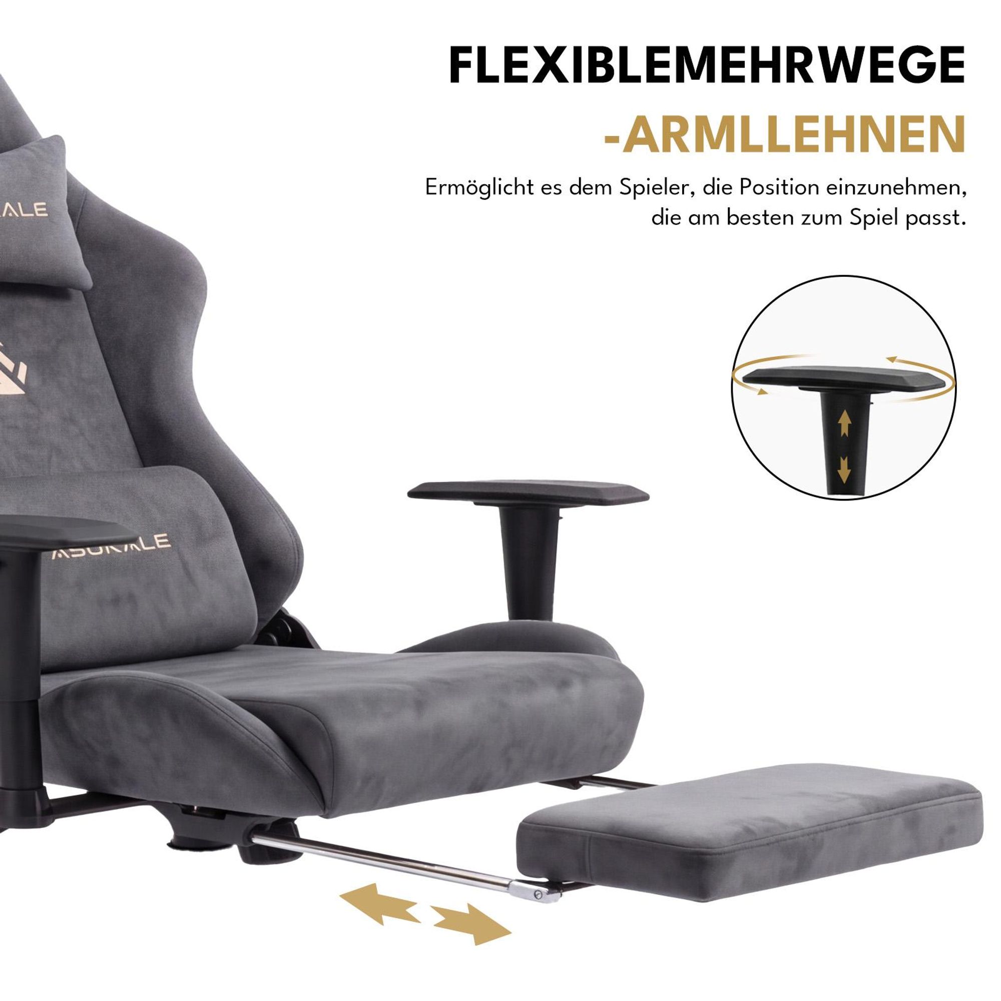 Grauer Gaming-Stuhl mit verstellbaren Armlehnen und Stabilitätsangaben