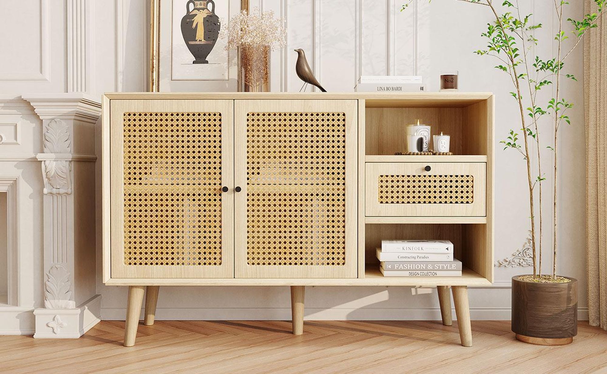 STILVORA Sideboard mit 1 Schublade und 2 Magnettüren, Kommode mit Rattangeflecht und verstellbaren Ablagen, Aufbewahrungsschrank mit Massivholzbeinen