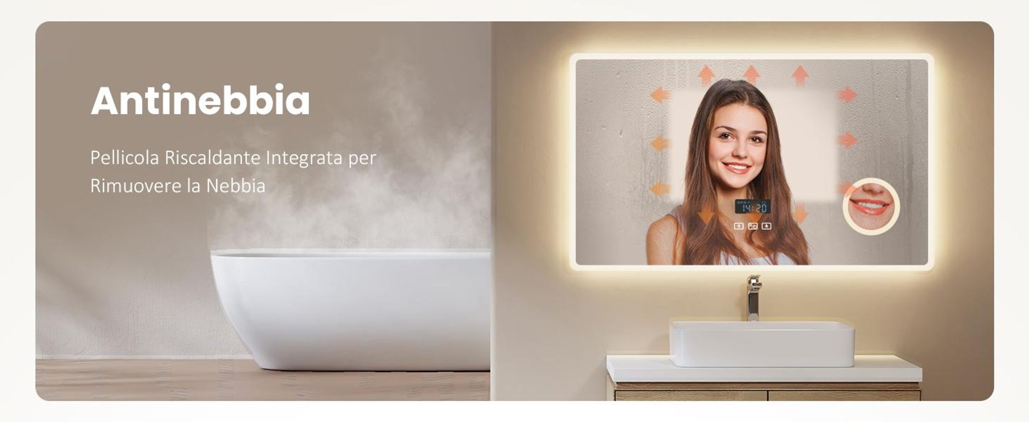 EMKE Specchio da bagno con ingrandimento 3X Interruttore touch 3 colori di luce Dimmerabile Orologio antiappannamento Bluetooth 80X60cm