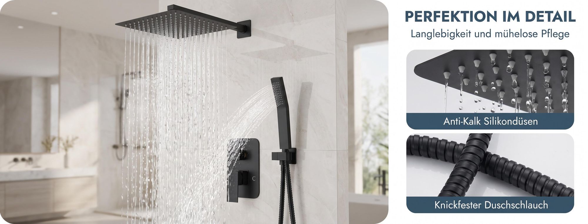 ROSEJANE Unterputz Duscharmatur Set mit Regendusche 30 × 30 cm, Duschsystem mit Kopfbrause und Handbrause, Edelstahl, G1/2, Matt-Schwarz