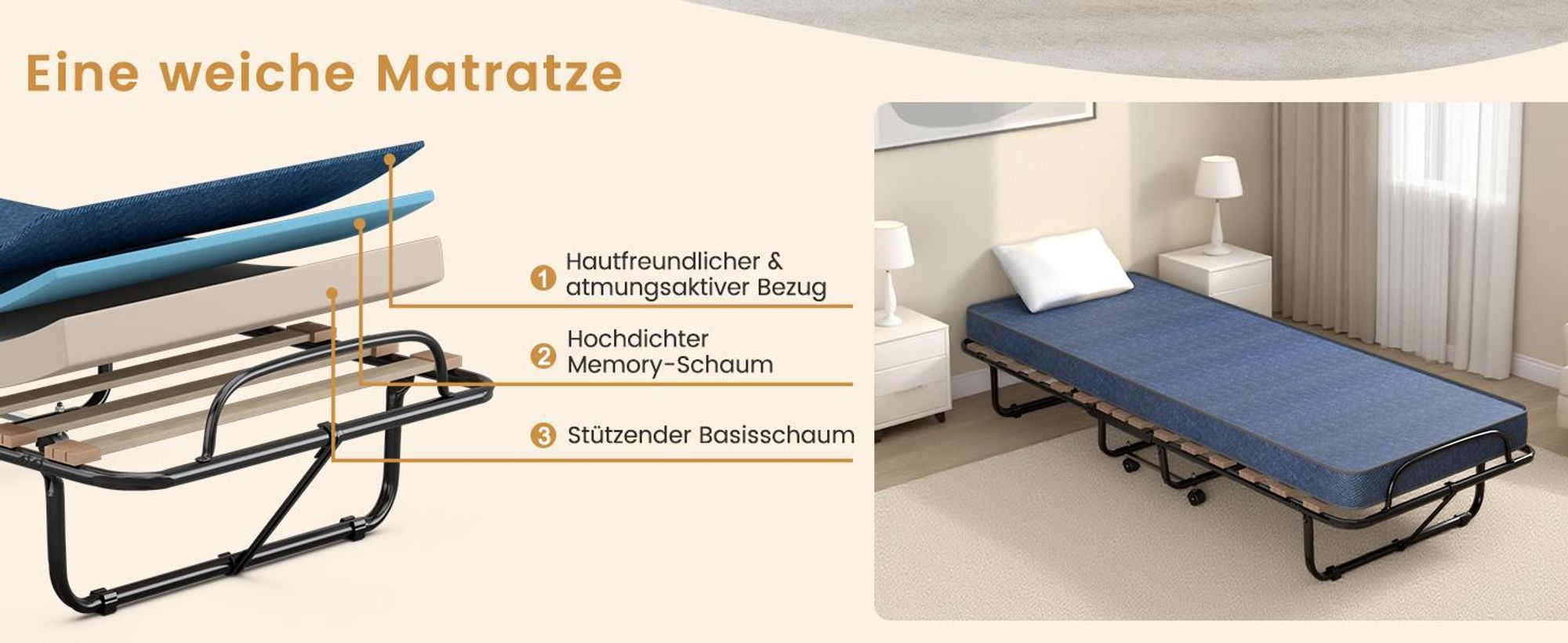 COSTWAY 80x190cm Gästebett klappbar mit Matratze, 130kg belastbar