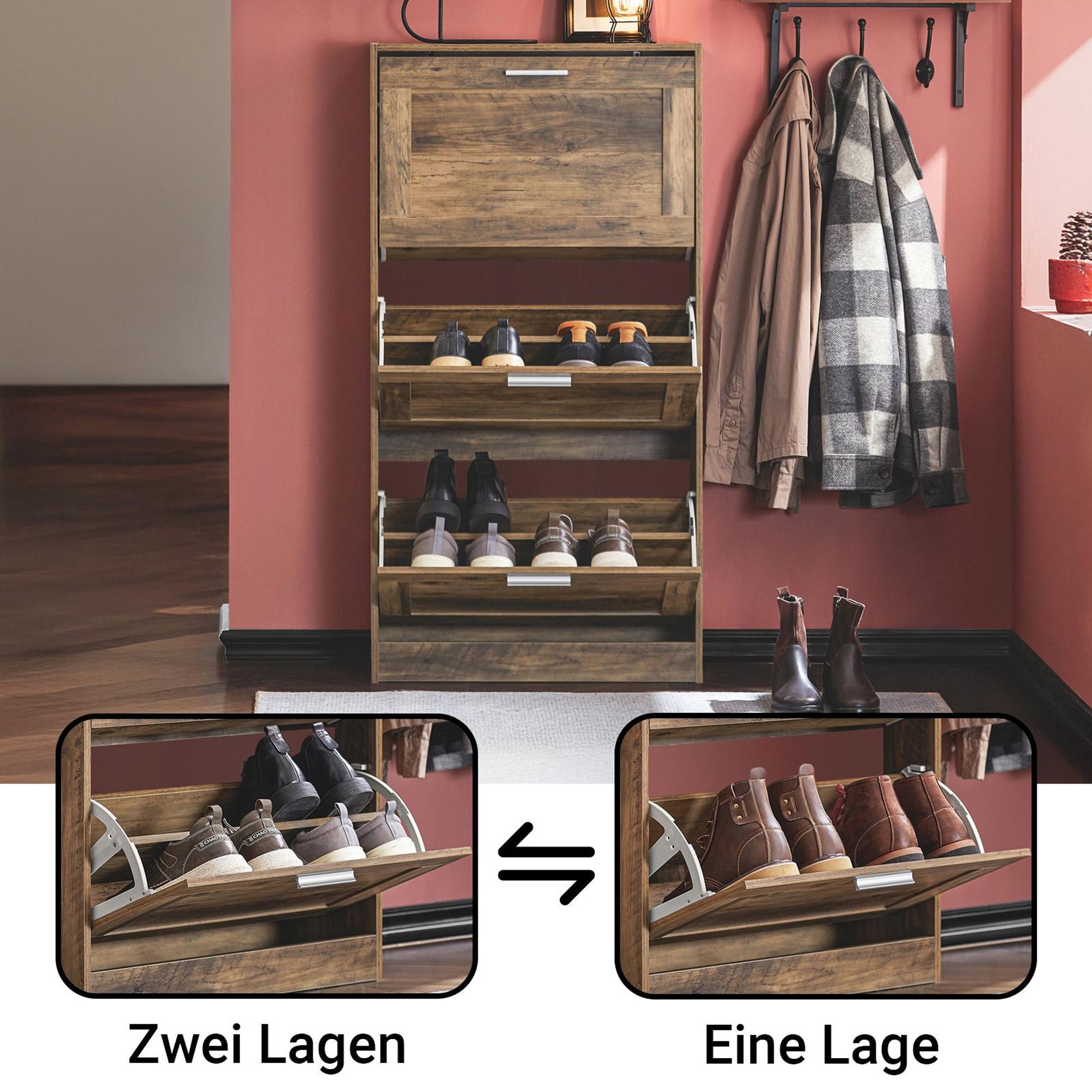 SoBuy schmaler Schuhkipper 23 cm tief mit 3 Klappen, Schuhschrank für Flur mit höhenverstellbaren Fächern, Vintage Design für kleine Räume, FSR137-L-F