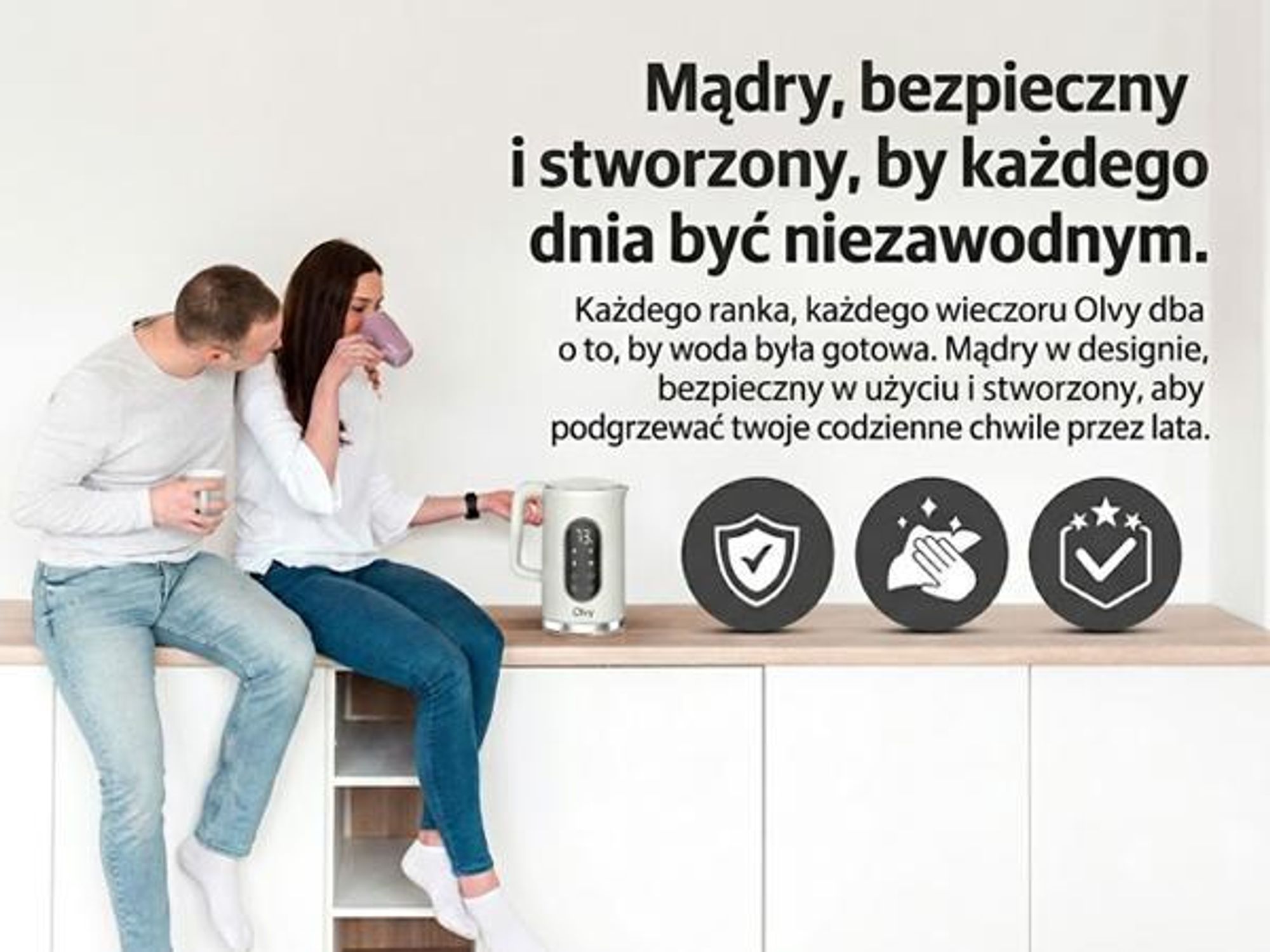 Czajnik elektryczny Olvy w kolorze kremowym, pojemność 1,7 l – wyświetlacz LCD, moc 2200 W, bez BPA, funkcja utrzymywania ciepła, filtr przeciwkamienny, regulacja temperatury w zakresie 40–100°C, stal nierdzewna