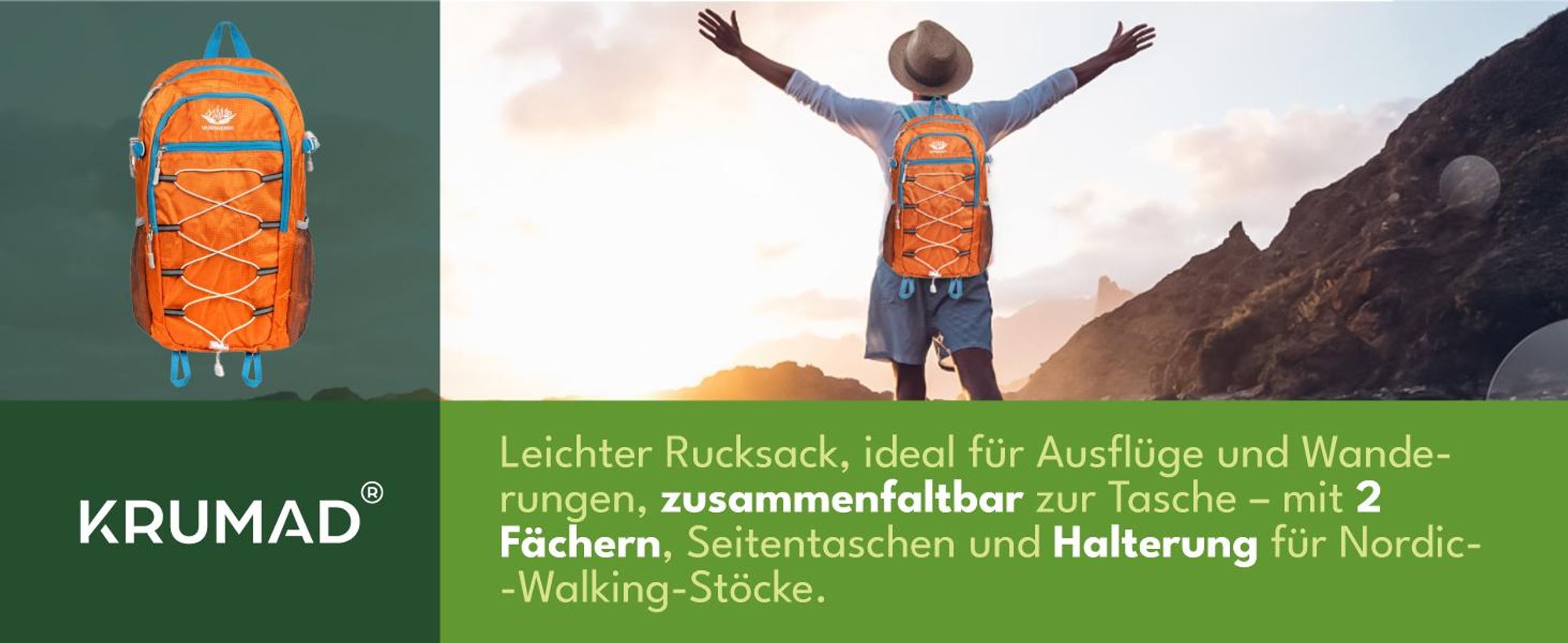 KRUMAD Leichter Wanderrucksack 25L Faltbarer Sportrucksack Wasserdicht Reiserucksack für Camping Trekking, Orange
