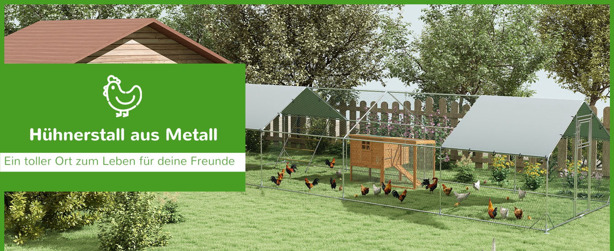 PawHut Hühnerstall Freilaufgehege aus Stahl, 3 x 8 x 1,95 m für 24-30 Hühner