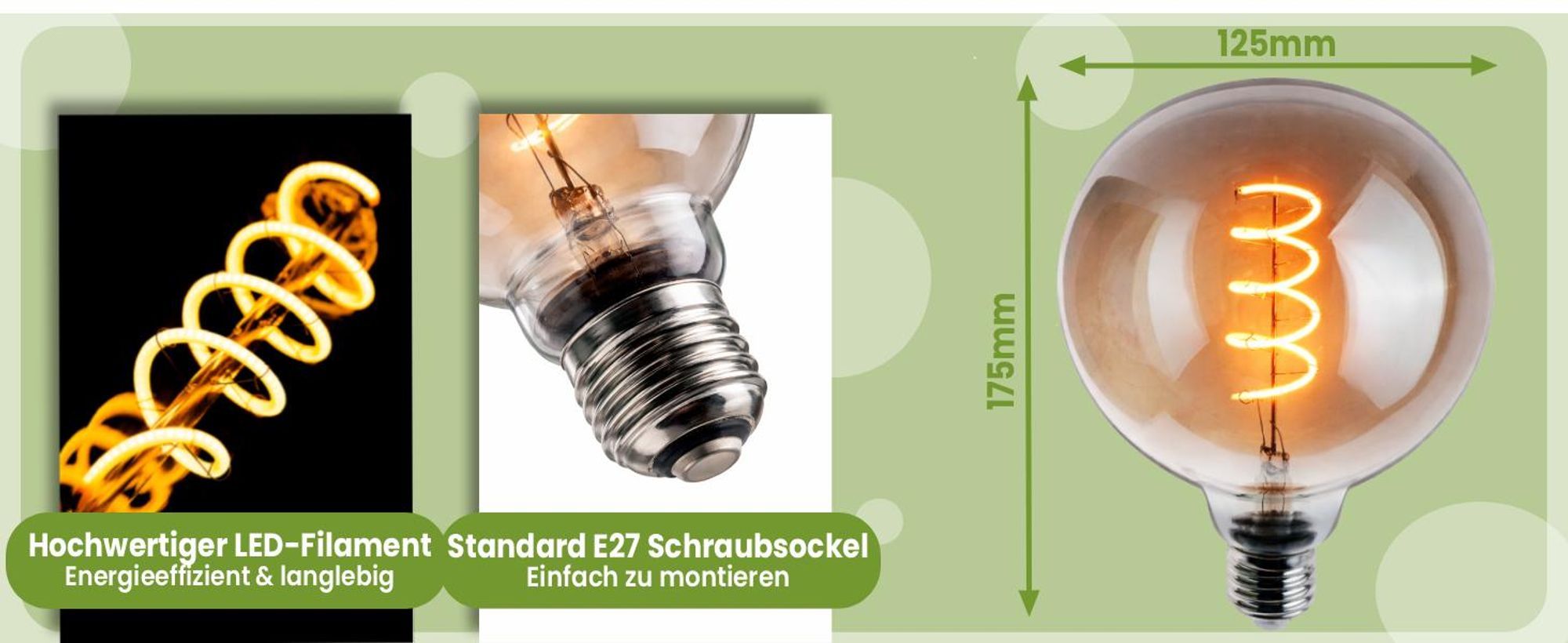 LUMILED 6 Stück LED Filament Leuchtmittel E27 G125 6W Ersetzt 50W 660lm 2200K Extra Warm Smokey Glas 360° Abstrahlwinkel – 6er Pack Globe Form Dekoratives Retro Licht Nicht dimmbar