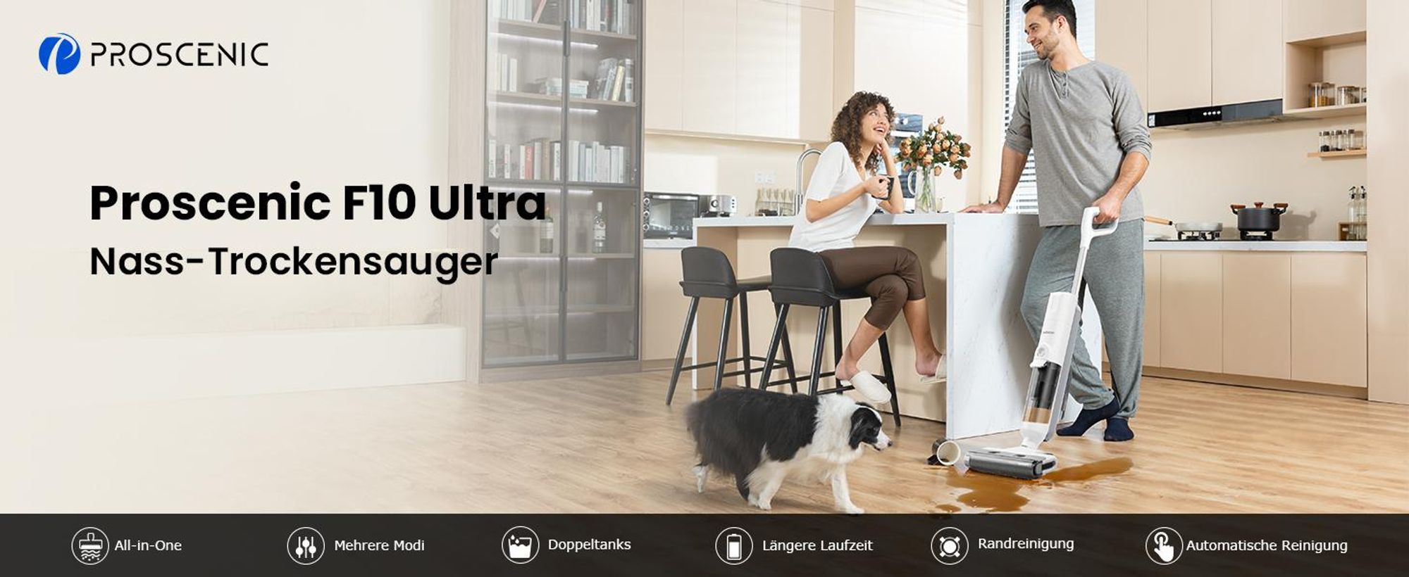 Proscenic FO10 Ultra P Nass- & Trockensauger 60 Min, Smart 3 in 1, Kantenreinigungsbürste,selbstwaschender/selbsttrocknender, für Hartböden, Tierhaare