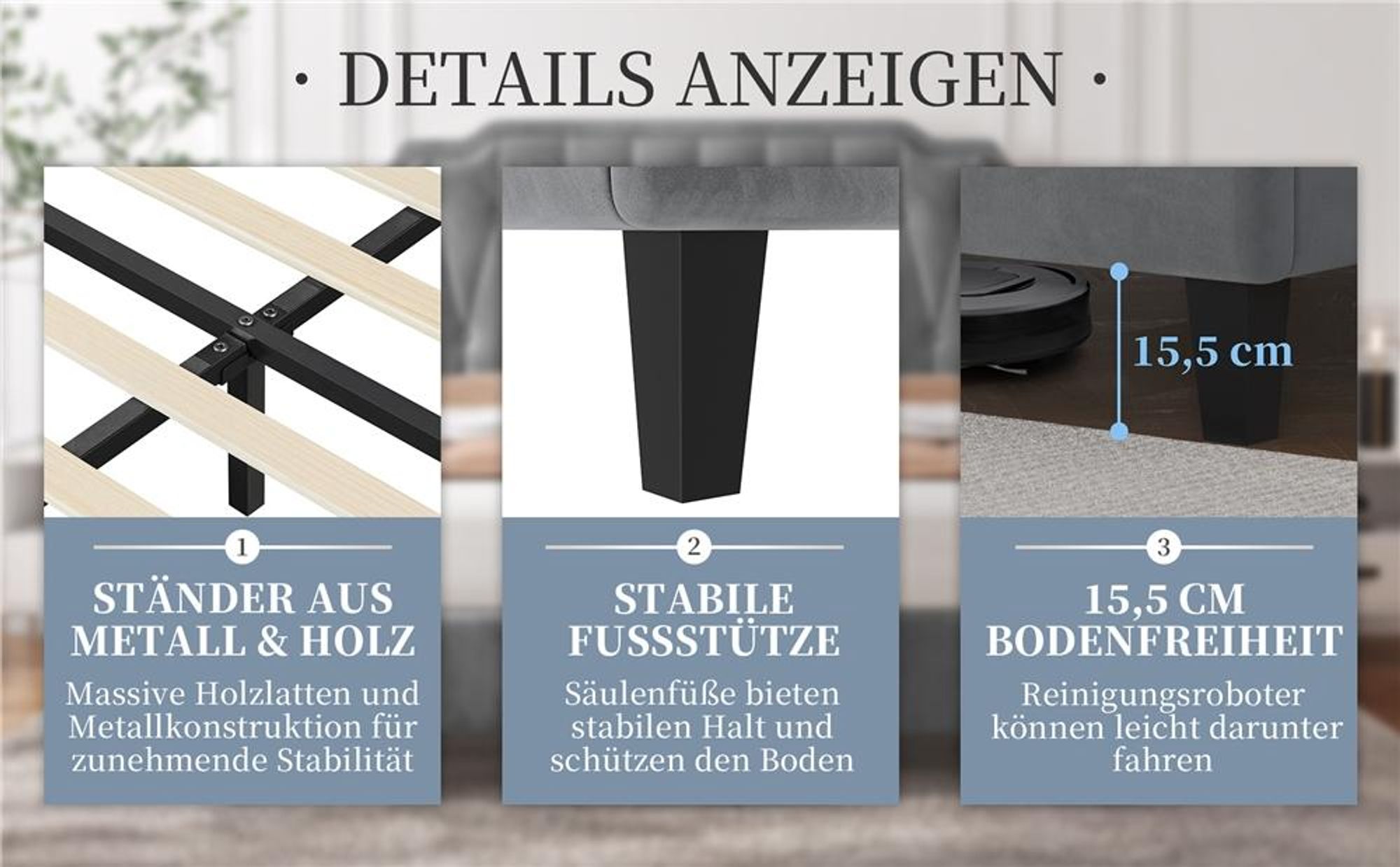 Yaheetech Polsterbett mit höhenverstellbarem Kopfteil Doppelbett 160×200cm Stoffbett Jugendbett Gepolstertes Bett Bettrahmen mit Lattenrost Hellgrau