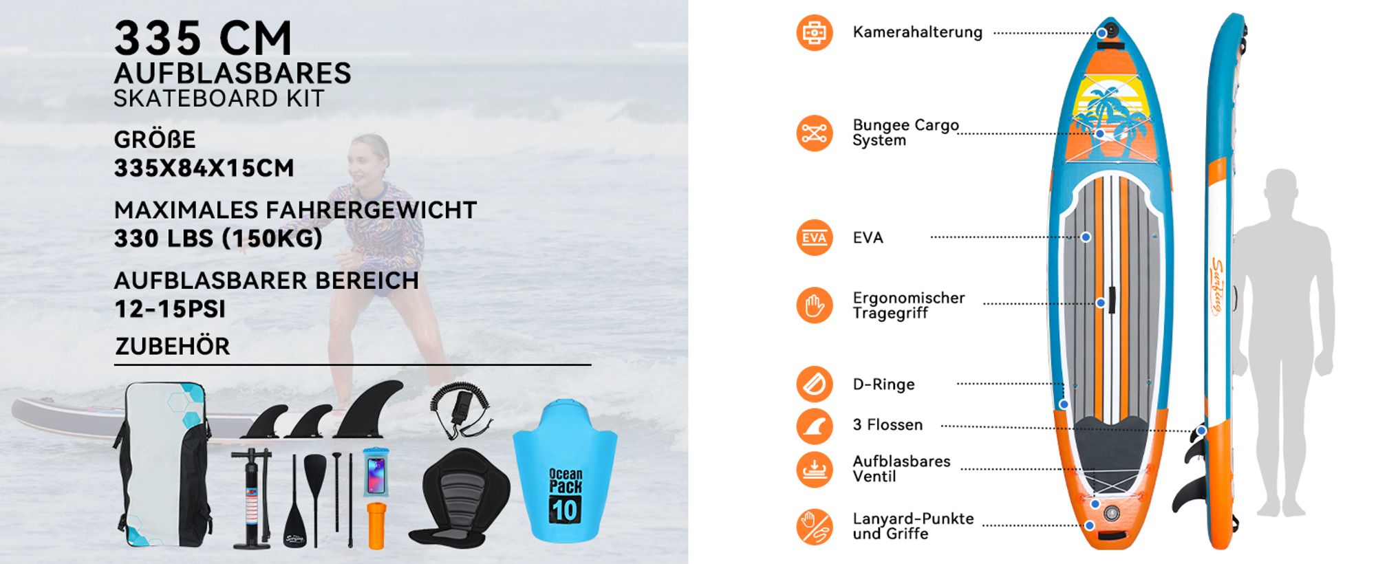 Puluomis SUP Board mit Sitz 335cm, Stand Up Paddle Boards Set, Paddling Paddelboard Surfbrett Aufblasbar, Pumpe Tragetasche, MB. bis 150Kg Orange Blau
