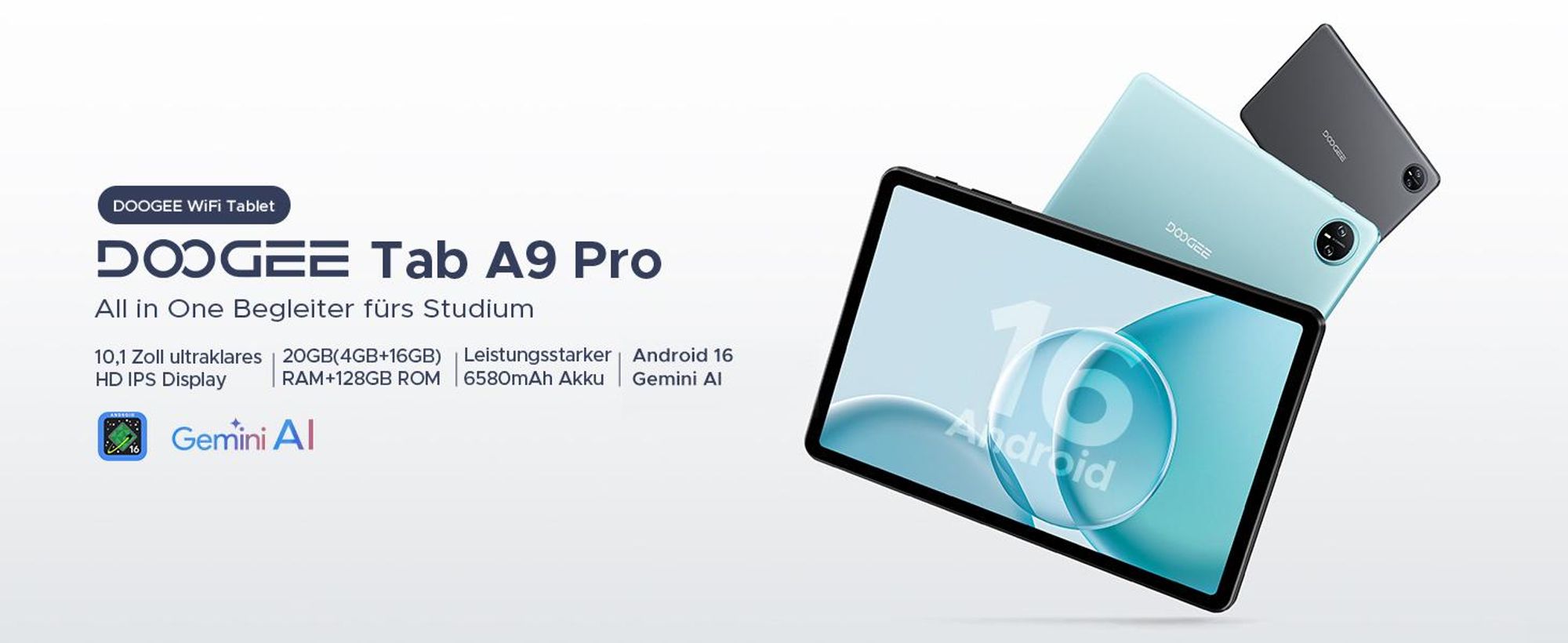 DOOGEE Tab A9 Pro Android 16, 10,1 Zoll, 20(4+16)GB+128GB(bis 2TB erweiterbar), WiFi 5, 6580mAh, Dual-Lautsprecher