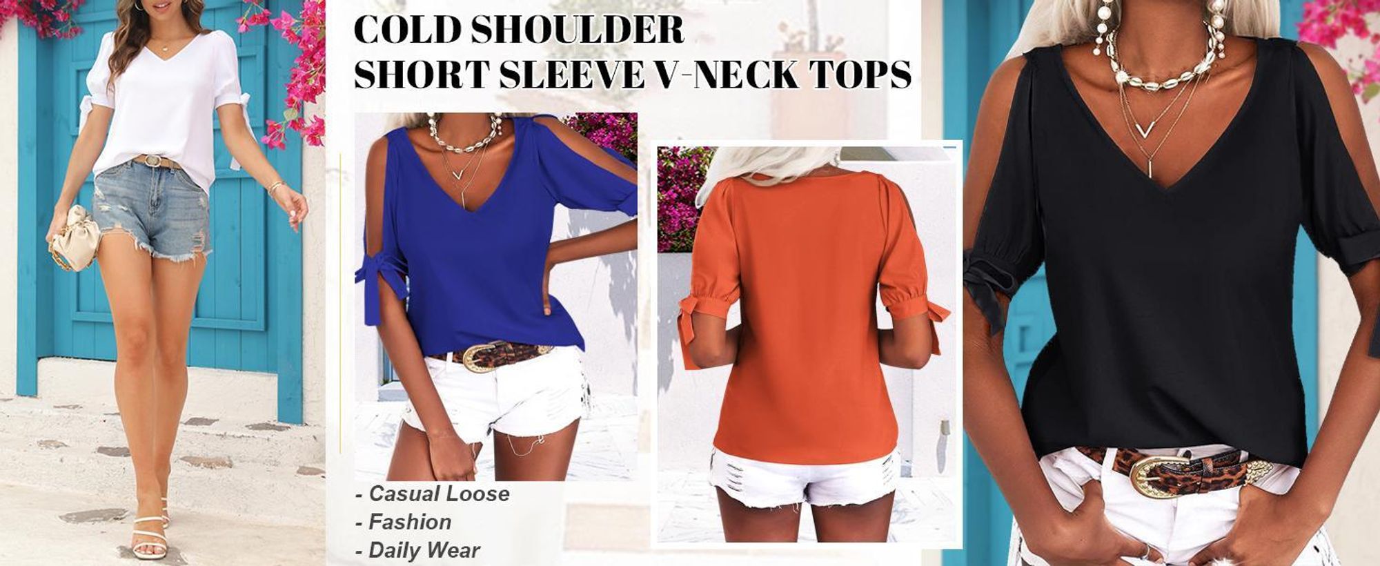 Damen-T-Shirt mit V-Ausschnitt und schulterfreiem Design sowie Cut-out-Muster