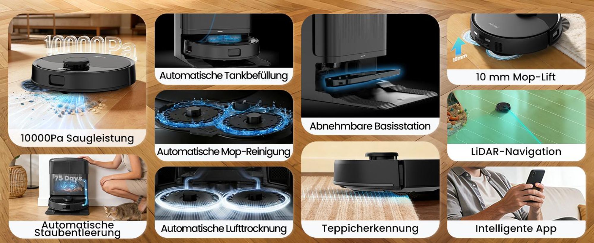 AIRROBO M2 Staubsauger Roboter, 10000Pa Saugroboter, Anti-Tangle-Bürsten, Wischroboter mit Lifting-Mopp
