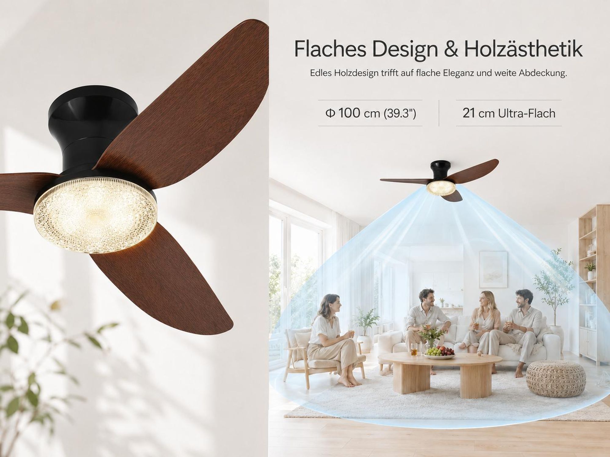 Deckenventilator mit Beleuchtung leise, Ø100cm DC Motor 6 Stufen, Smart APP & Fernbedienung, Dimmbar 3 Farben Umkehrbare Windrichtung Wohnzimmer Büro