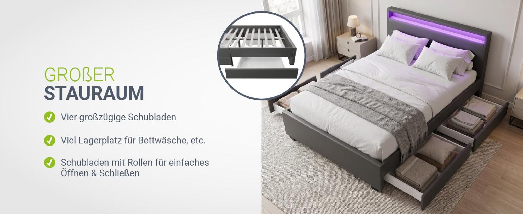 Juskys Polsterbett Lyon 140 x 200 cm grau – Bettgestell mit Lattenrost, Bettkasten & LED Beleuchtung – Kunstleder & Holz – Bett Jugendbett
