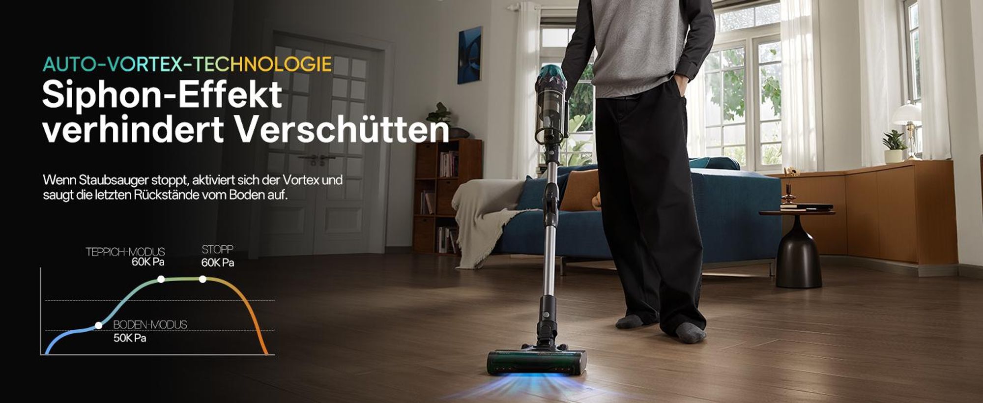 Vactidy V15 MAX Akku Staubsauger mit Wischfunktion, 76KPa/ 600W/65Min Staubsauger Kabellos, Knickrohr, Wandladestation, GreenEye