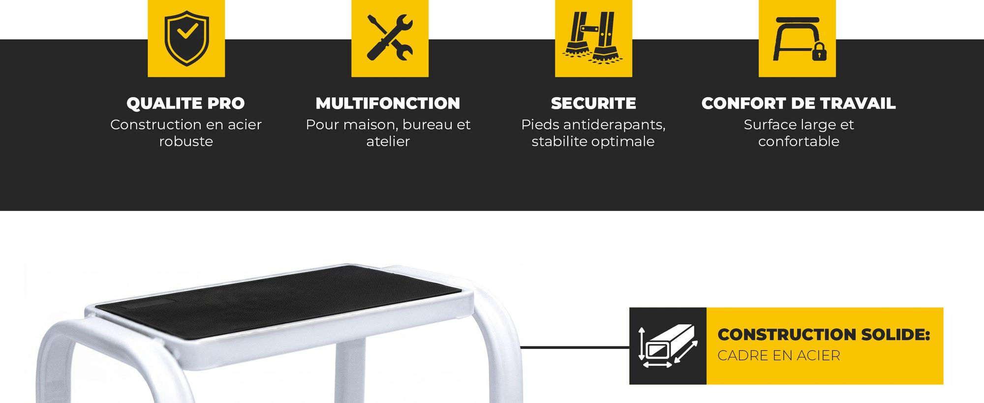 Drabest | Tabouret en acier à 1 marche, stable et robuste, pieds antidérapants, capacité de charge de 150 kg, large surface d'appui, pour la maison, le bureau et les travaux de bricolage
