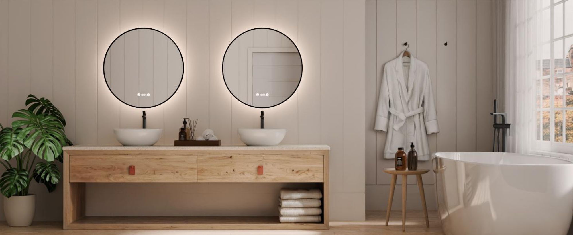 S'AFIELINA Badspiegel mit Beleuchtung Rund 80 cm Diameter,LED Badspiegel mit Touch, Beschlagfrei, Dimmbar, Uhr, Temperatur, Speicherfunktion,Schwarzer