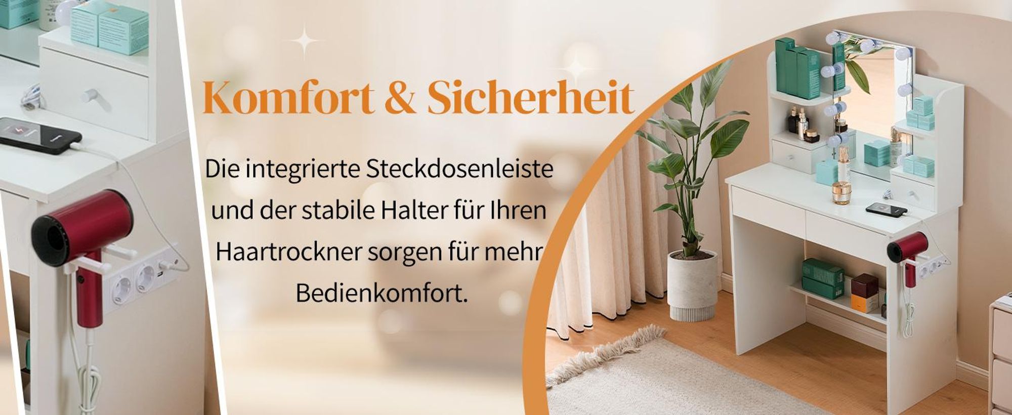FCH Schminktisch mit 3-LED Einstellbare Helligkeit, Steckdosenleiste, 4 Schubladen & Ablagefächern, 85cm x 40cm x130cm, Weiß