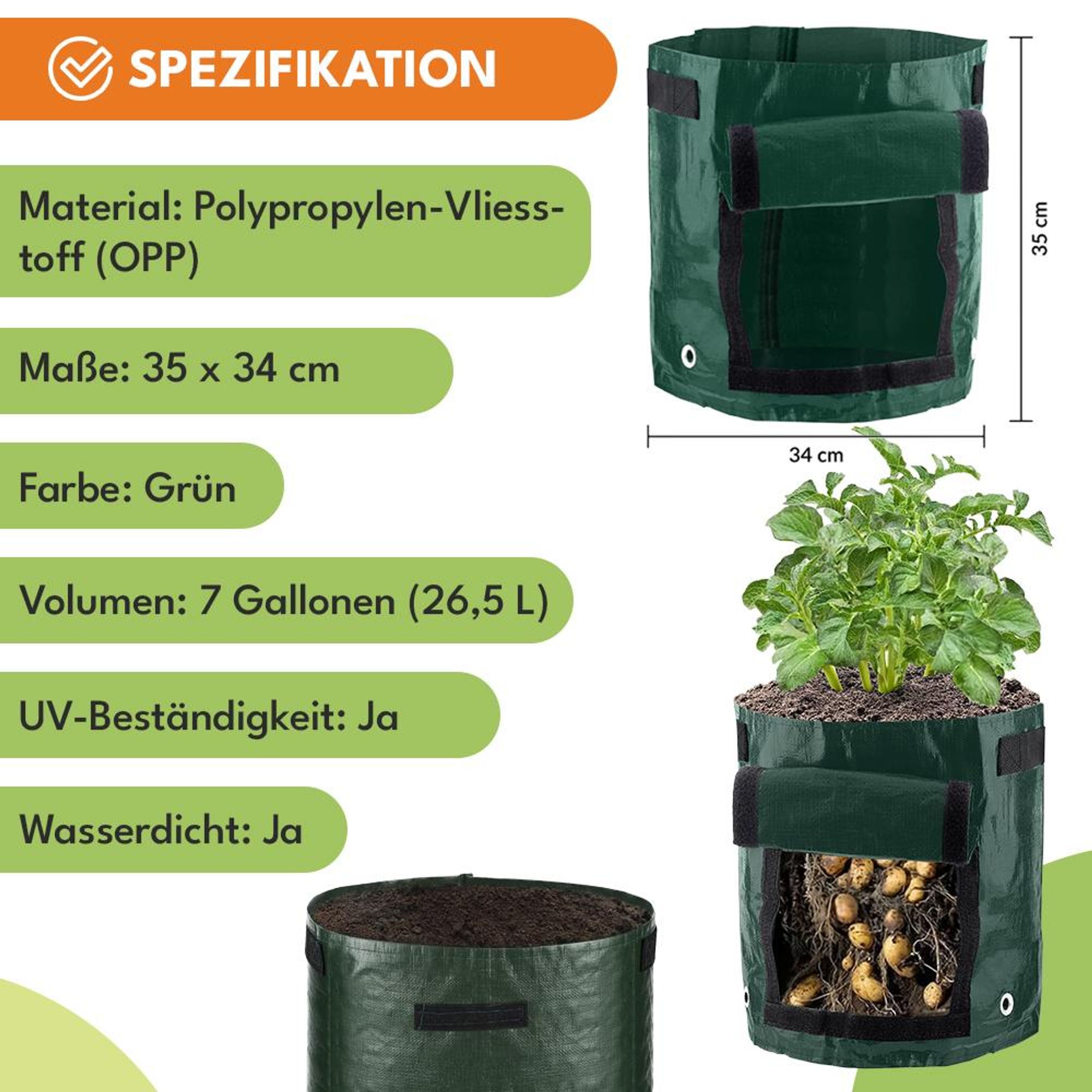 KRUMAD Pflanzsack 26L 35x34 cm Griffen UV beständig Wiederverwendbar Pflanztasche für Kartoffeln Gemüse Kräuter