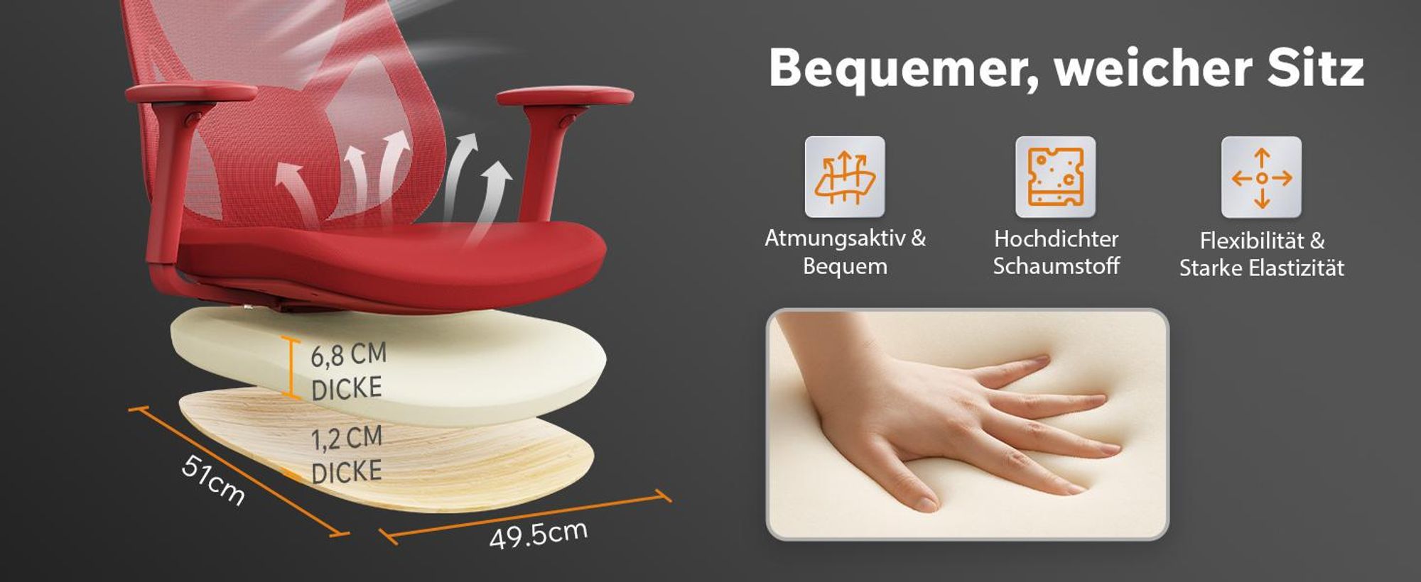 SENSE7 Moyo Ergonomischer Bürostuhl Schreibtischstuhl Rot 3D-Armlehnen Netzrücken Lendenwirbelstütze Chefsessel PC Stuhl Homeoffice 150 kg
