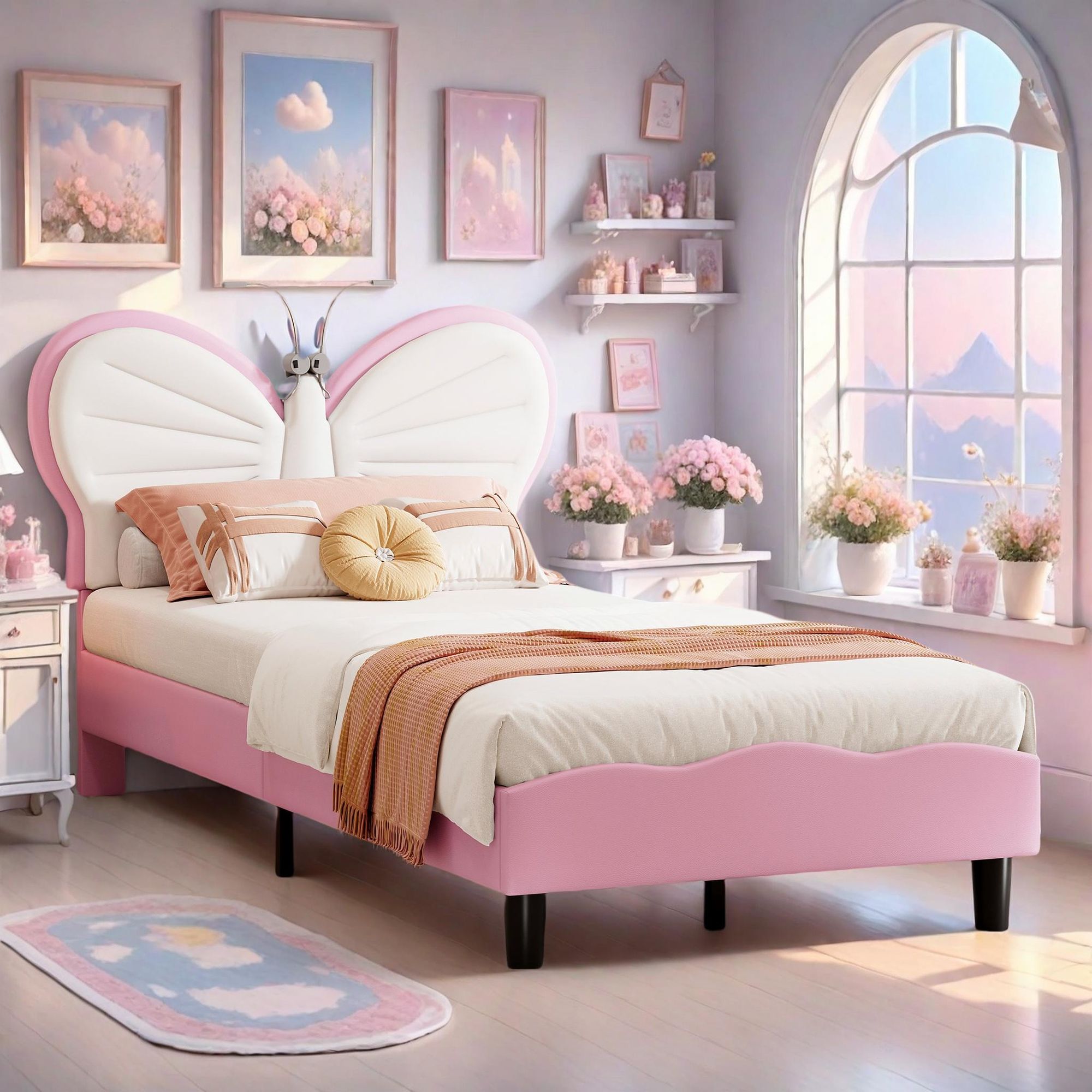 Fortuna Lai Polsterbett 90x200cm, Einzelbett Kinderbett mit Leselicht und Verstellbarem Kopfteil, Jugendbett Holzbett mit Lattenrost, Samt, Rosa