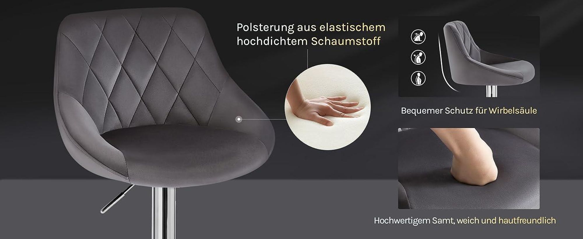 WOLTU 2er-Set Barhocker Barstuhl mit gepolsterter Sitzfläche aus Samt , höhenverstellbar drehbar, Dunkelgrau