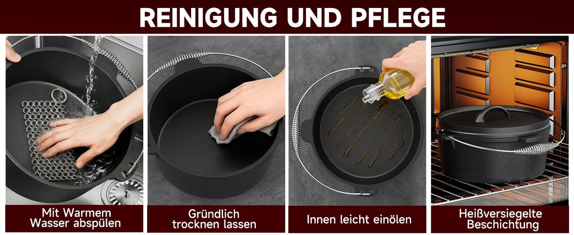 HOMELUX 12-teiliges Dutch Oven Set in Holzkiste, Kochtopf, Pfanne, Saucentopf, Wende-Grillplatte, Waffeleisen, Stapelrost, Ringreiniger, Schaber Set