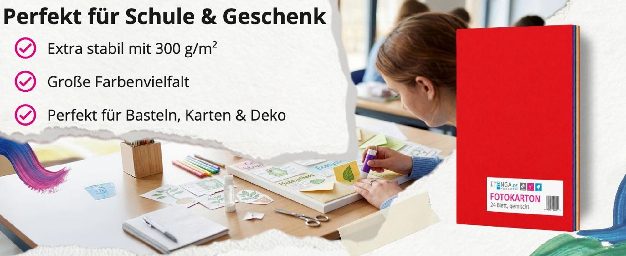 itenga Fotokarton - A4 300 g/qm 24 Blatt sortiert - Farbmix 12 Farben je 2 Blatt