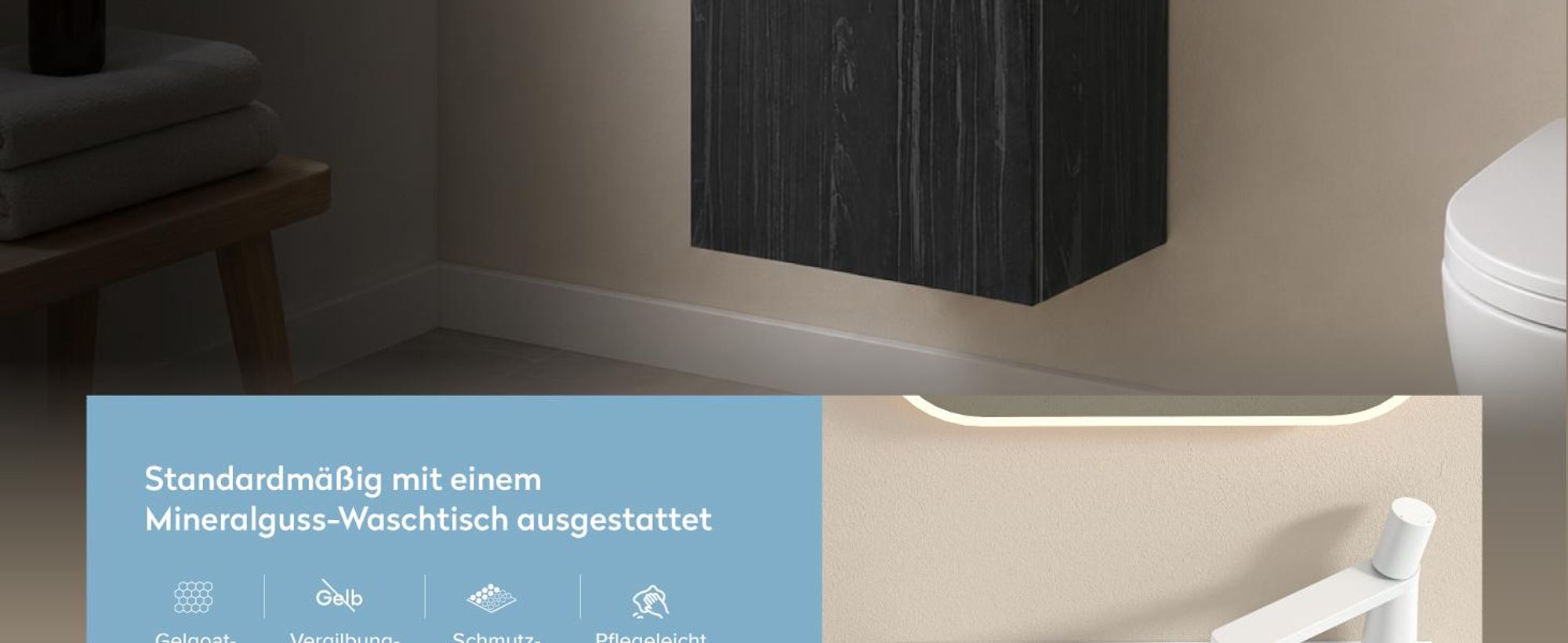 doporro Badmöbelset Waschbecken-Unterschrank für Gäste-WC 46cm in Anthrazit matt Design Waschplatz Wandmontage inkl. LED-Spiegel Pisa02