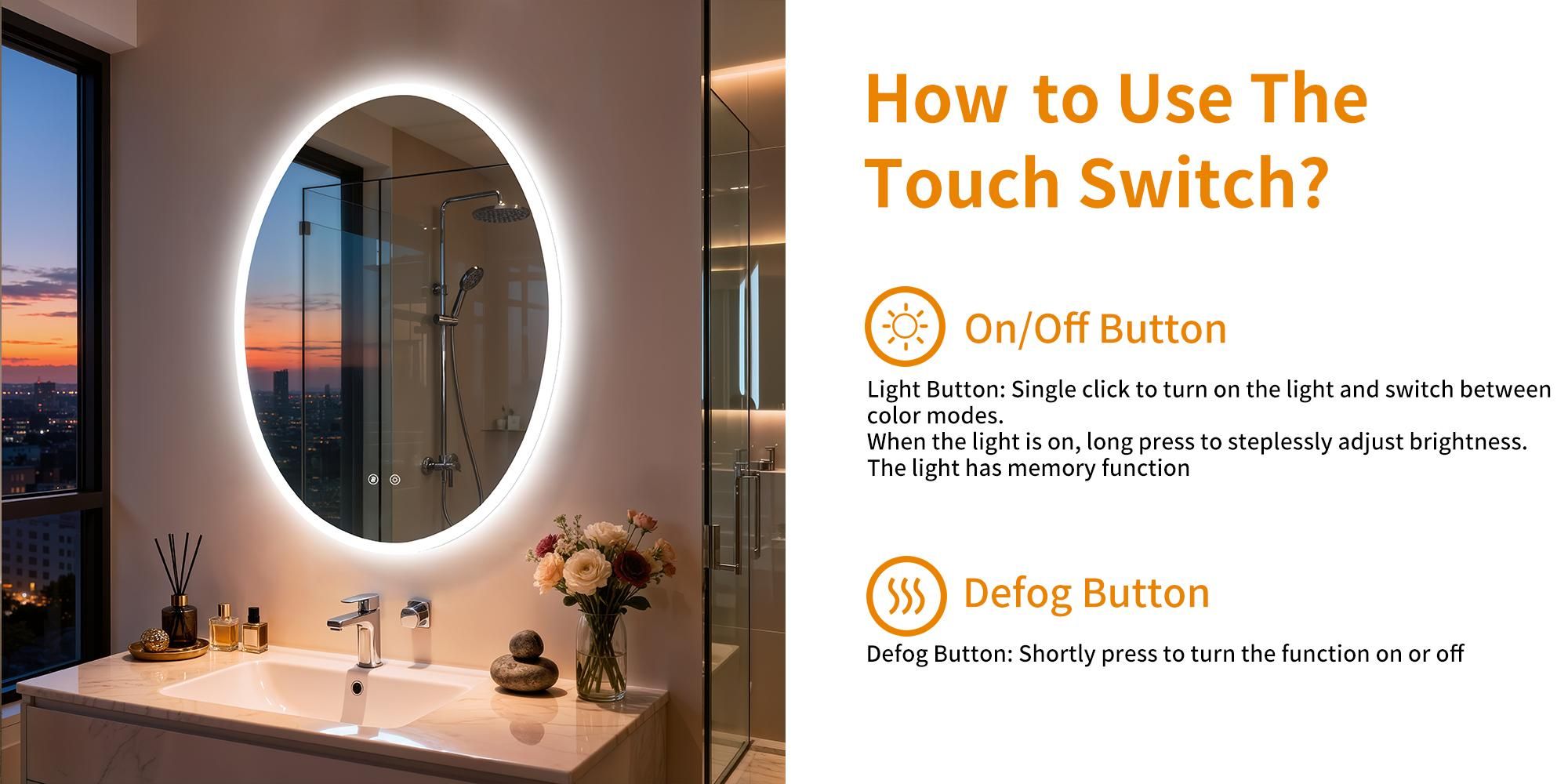 WISFOR Oval LED Badezimmerspiegel 50x70 cm Wandspiegel mit Beleuchtung Touch Dimmbar Speicherfunktion IP66