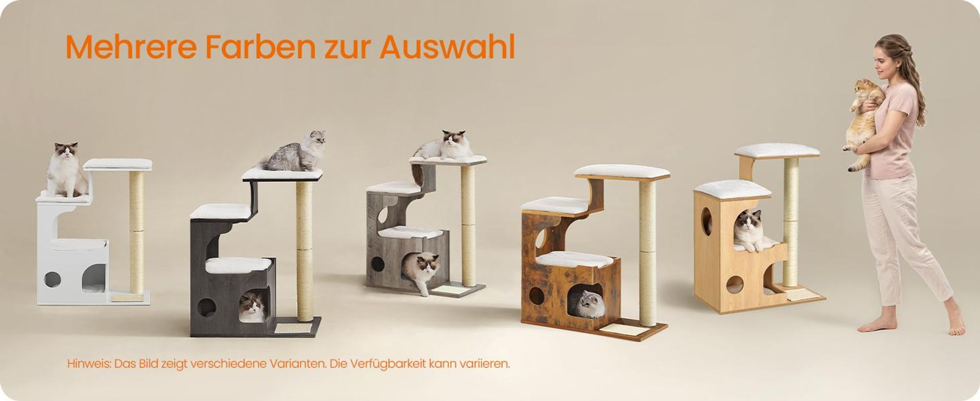 FEANDREA Kratzbaum, Kletterbaum für Katzen, mit Liegeflächen und Höhle, Sisal-Kratzmatte, Plüschkissen, 86 cm, gelb