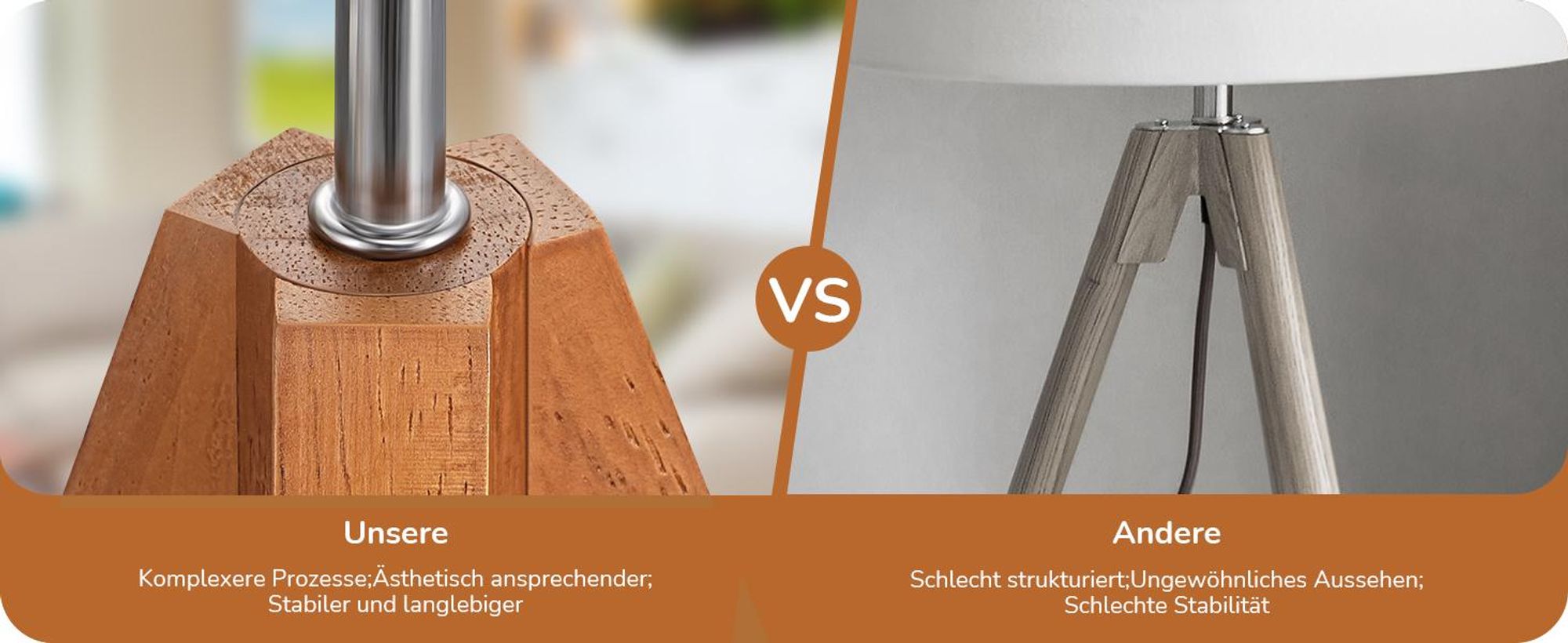 EDISHINE Nachttischlampe mit Schirm, Tischlampe Holz, Vintage Landhaus, Orange