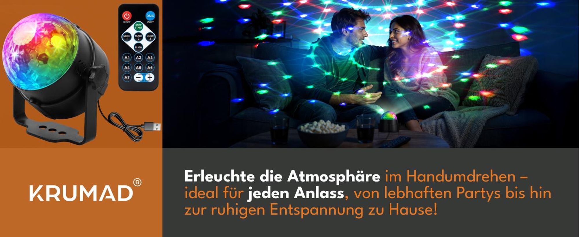 KRUMAD Discokugel Kinder, LED RGB Partylicht mit 7 Farben, Rotierende Lichteffekte für Kinderzimmer, Geburtstag, USB Steckdose, Kompakt & Dynamisch