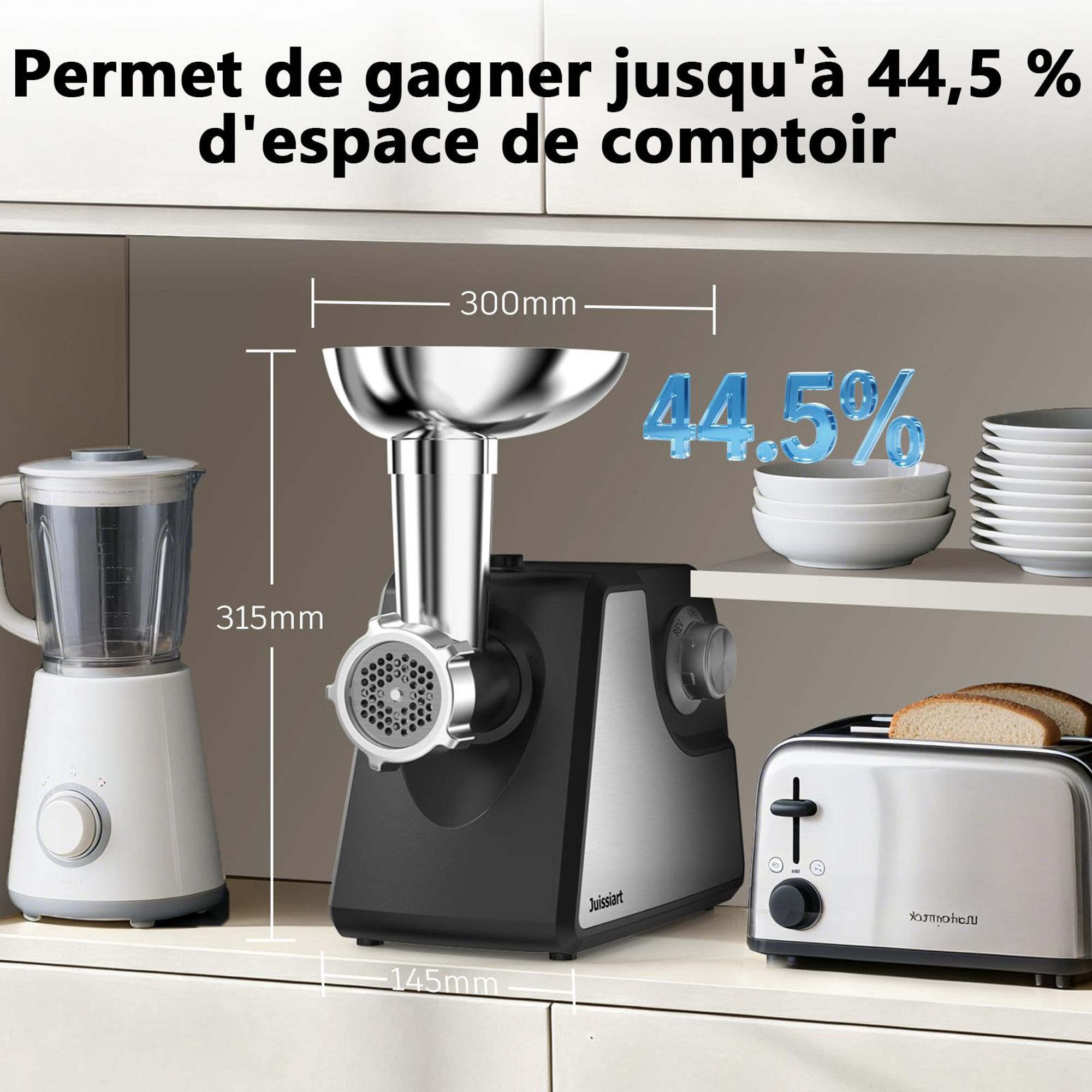 Juissiart MG4150R Hachoir à viande électrique - Puissance 300W Rendement en viande 1.2KG/min Matériau de la lame 420 Acier métallurgique en poudre - Noir