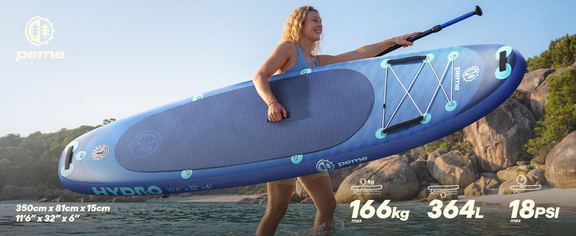 PEME Stand Up Paddle Board - Deep Water -  350 cm - Dopple Paddel und komplette Zubehöre, SUP, Surfboard aufblasbar- Blau